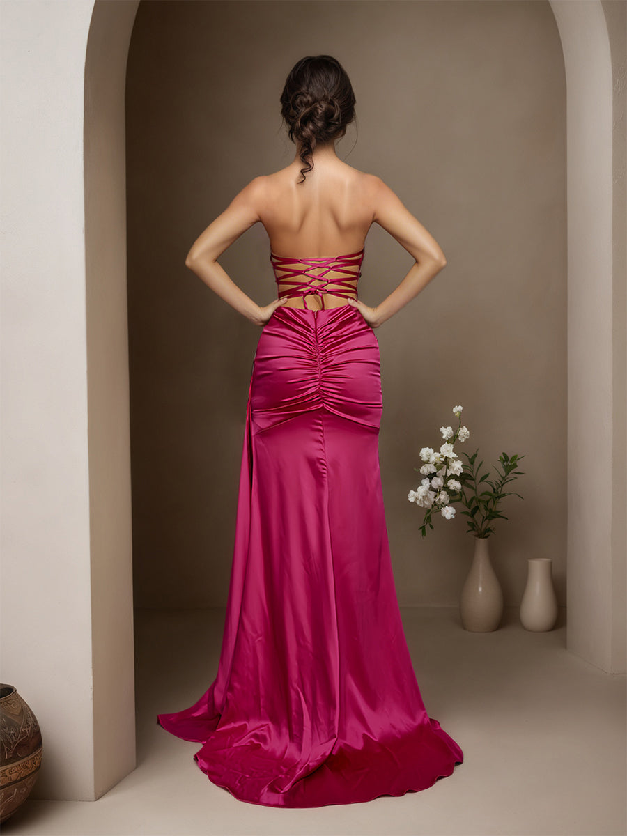 Cicinia FUCHSIA Robe de Soirée Longue en Satin Doux Fourreau Traîne Balayée sans Bretelles Charmante