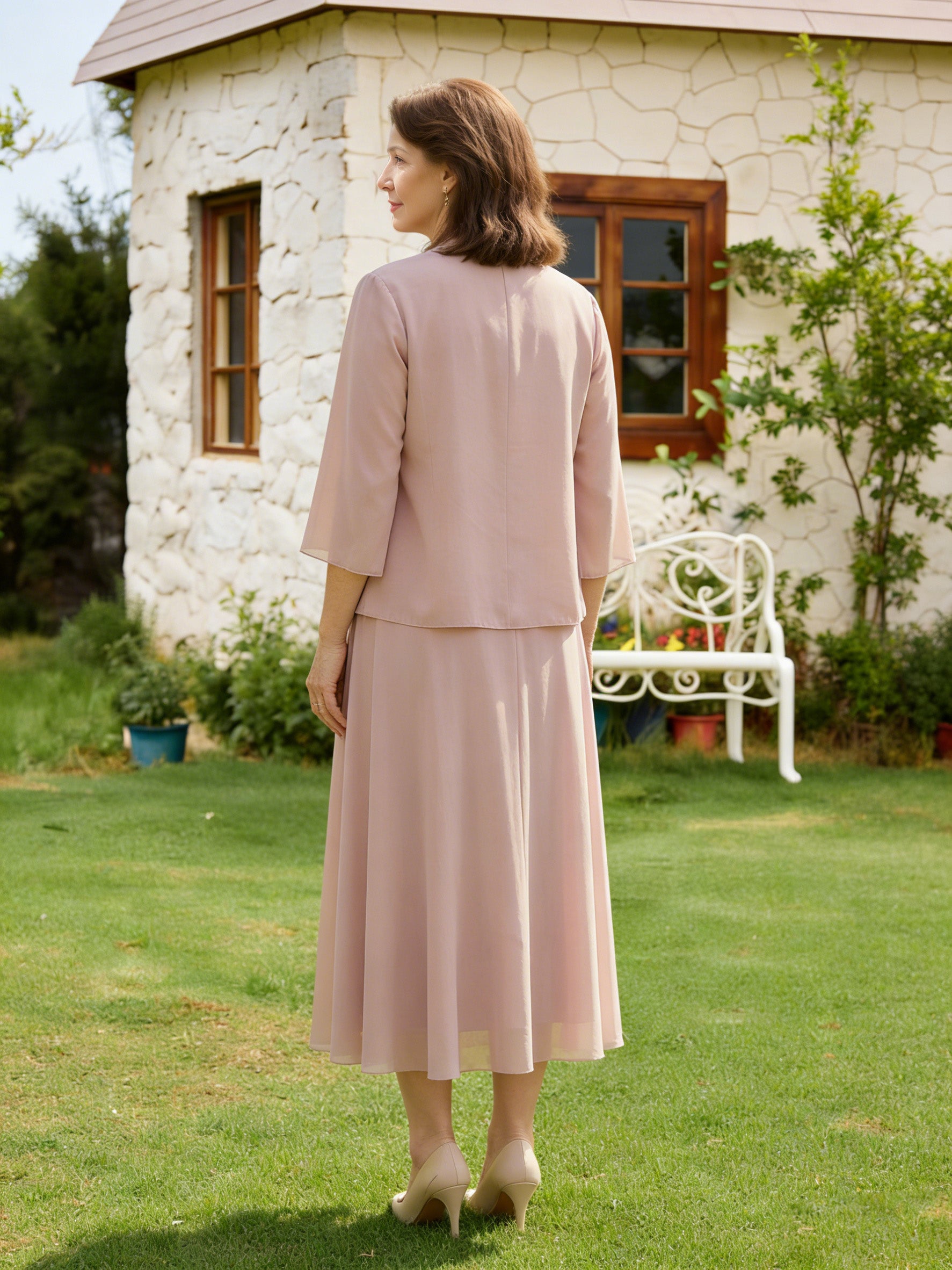 Cicinia Rose Poussiéreux Robe pour Mère de la Mariée 3 Pièces avec Veste Longue A-Line en Mousseline Dentelle Longueur Midi (Thé)
