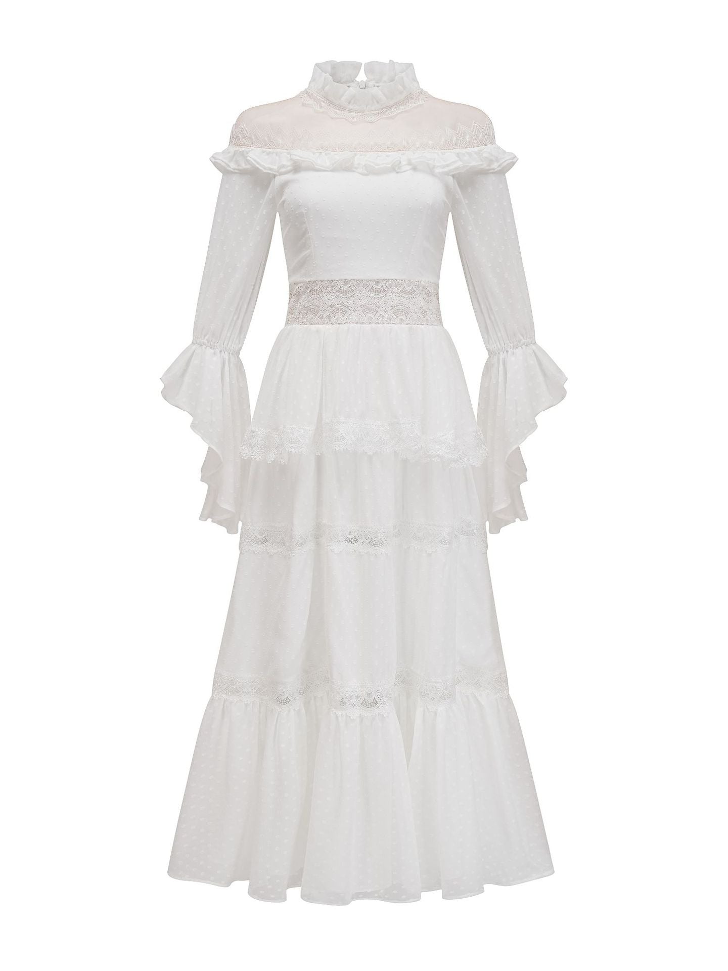 Robe Longue Broderie Empire Col Montant Manches Longues Robe de Soirée en Blanc