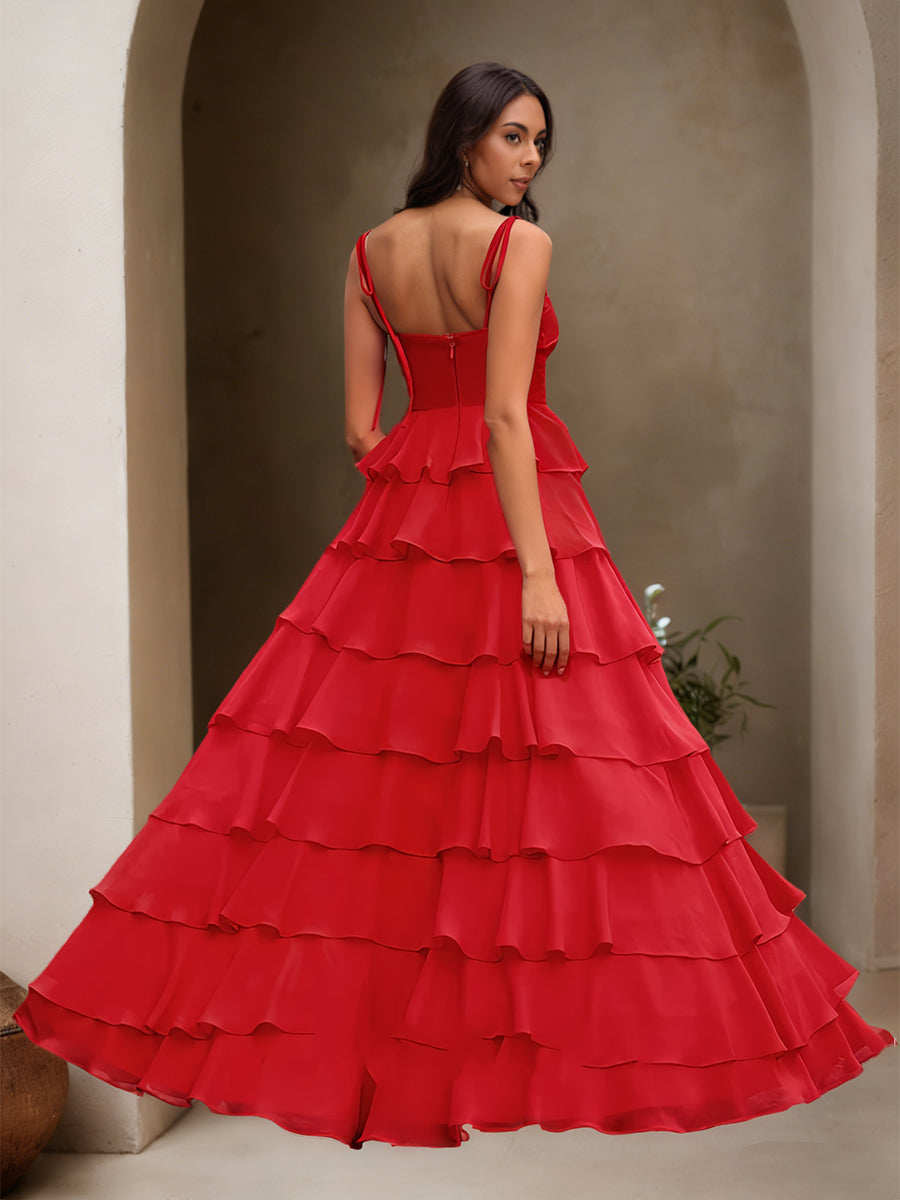 Cicinia Rouge Robe de Soirée Longue en Mousseline A-Line Bretelles Spaghetti à Volants