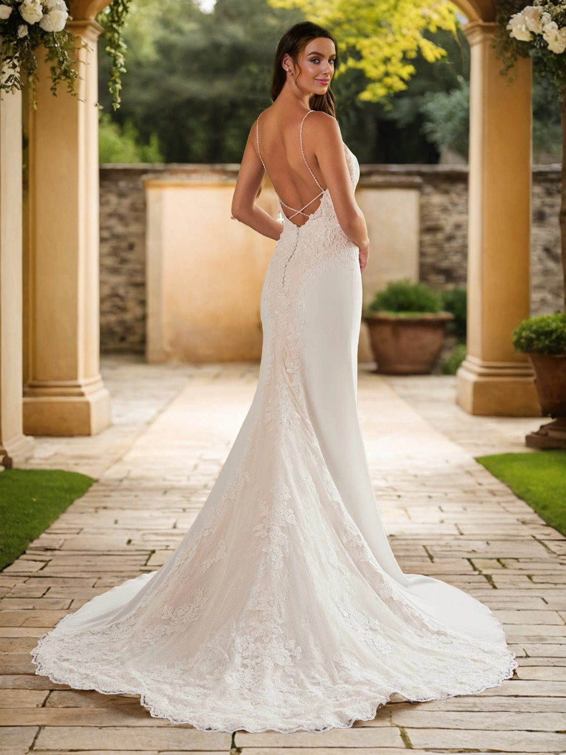 Licou Dentelle&Tissu Double FDY Robe de Mariage Sirène avec la Traîne de Balayage/Pinceau