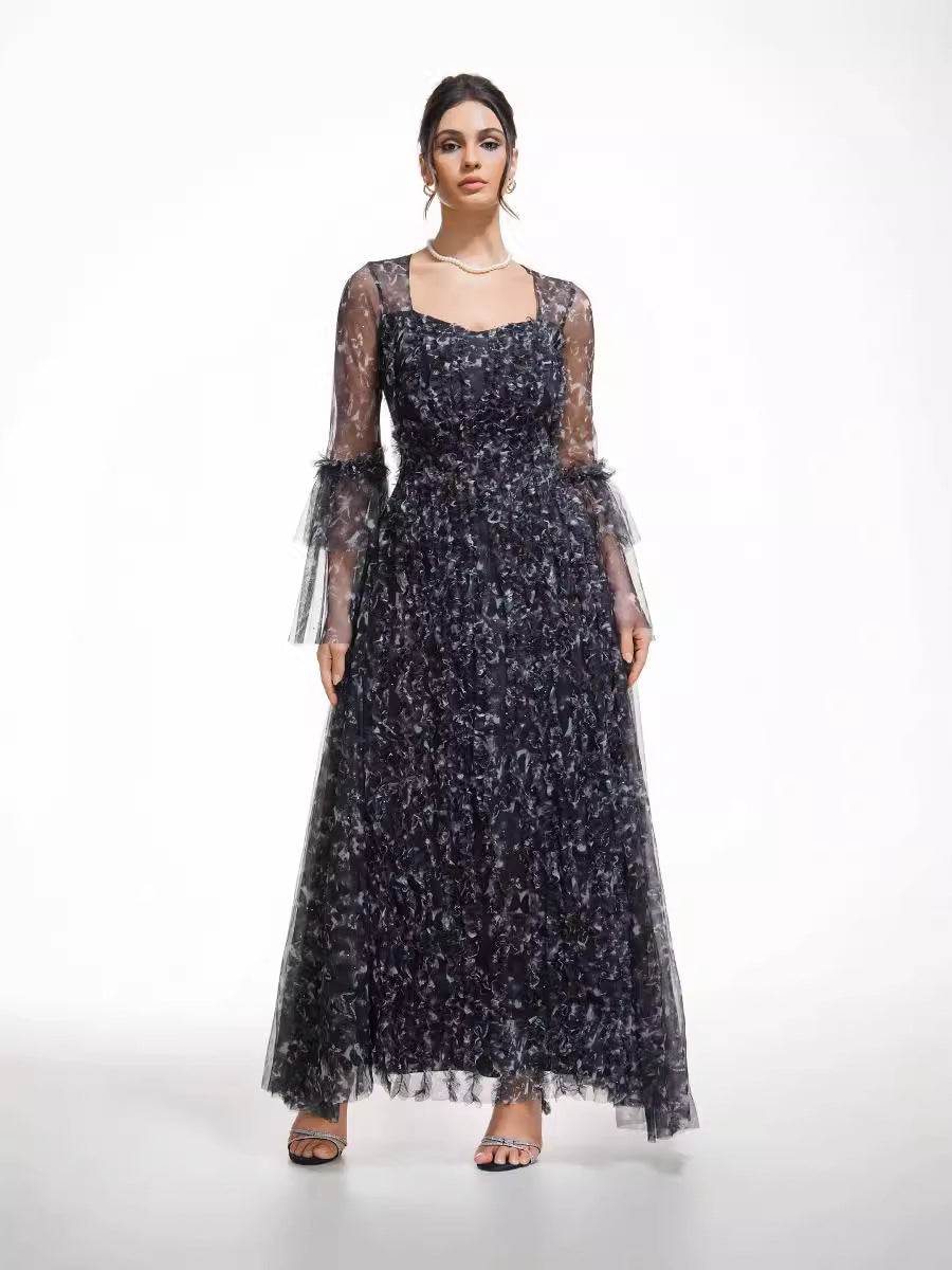 Robe Longue Trapèze Col en Cuillère Manches Longues Robe de Soirée en Noir