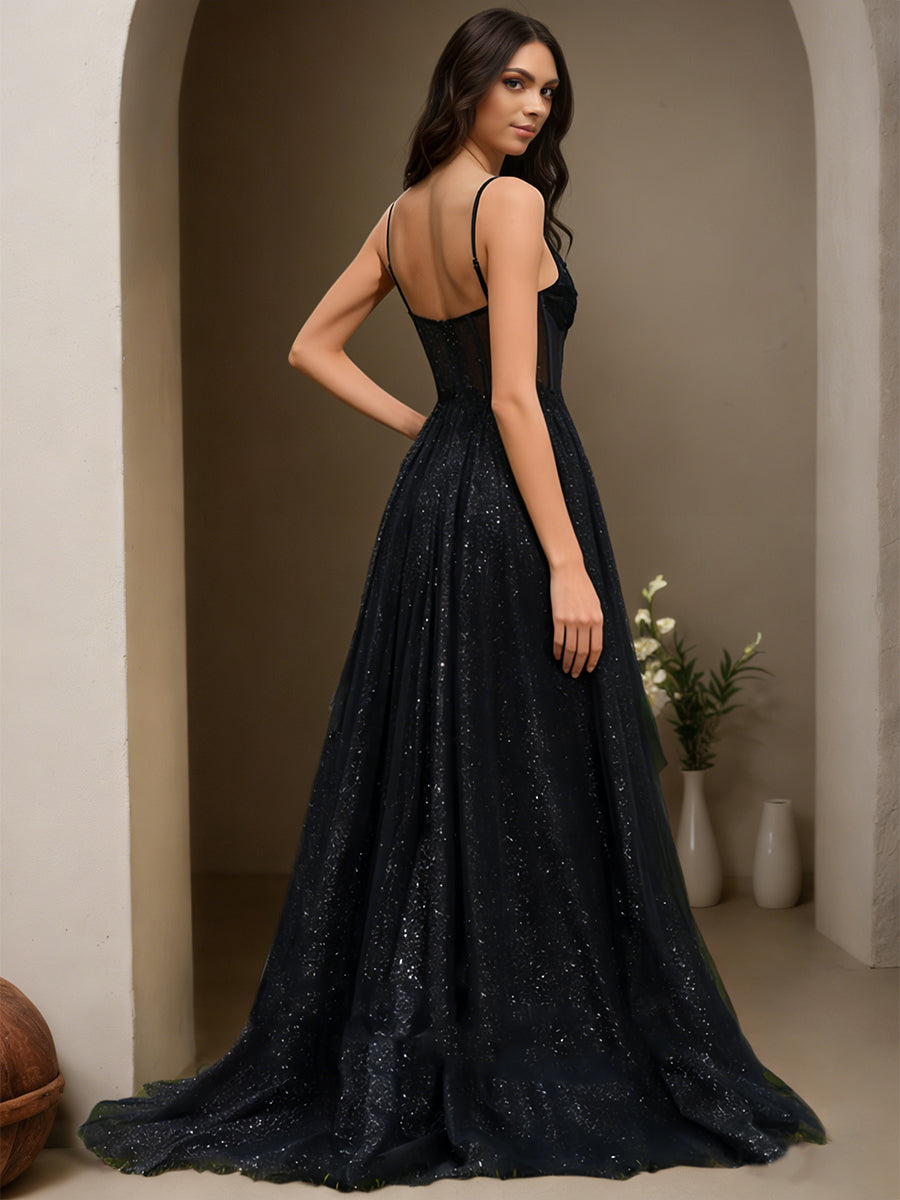 Cicinia Noir Robe de Soirée Longue en Tulle Scintillant A-Line Bretelles Spaghetti Traîne Balayée Fente