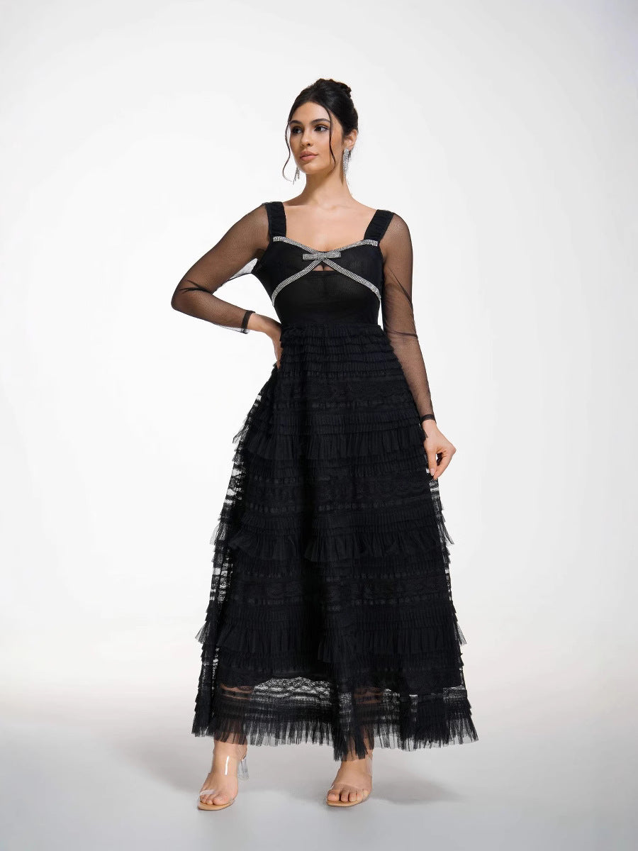 Robe Longue Trapèze Col en Cuillère Manches Longues Robe de Soirée en Noir