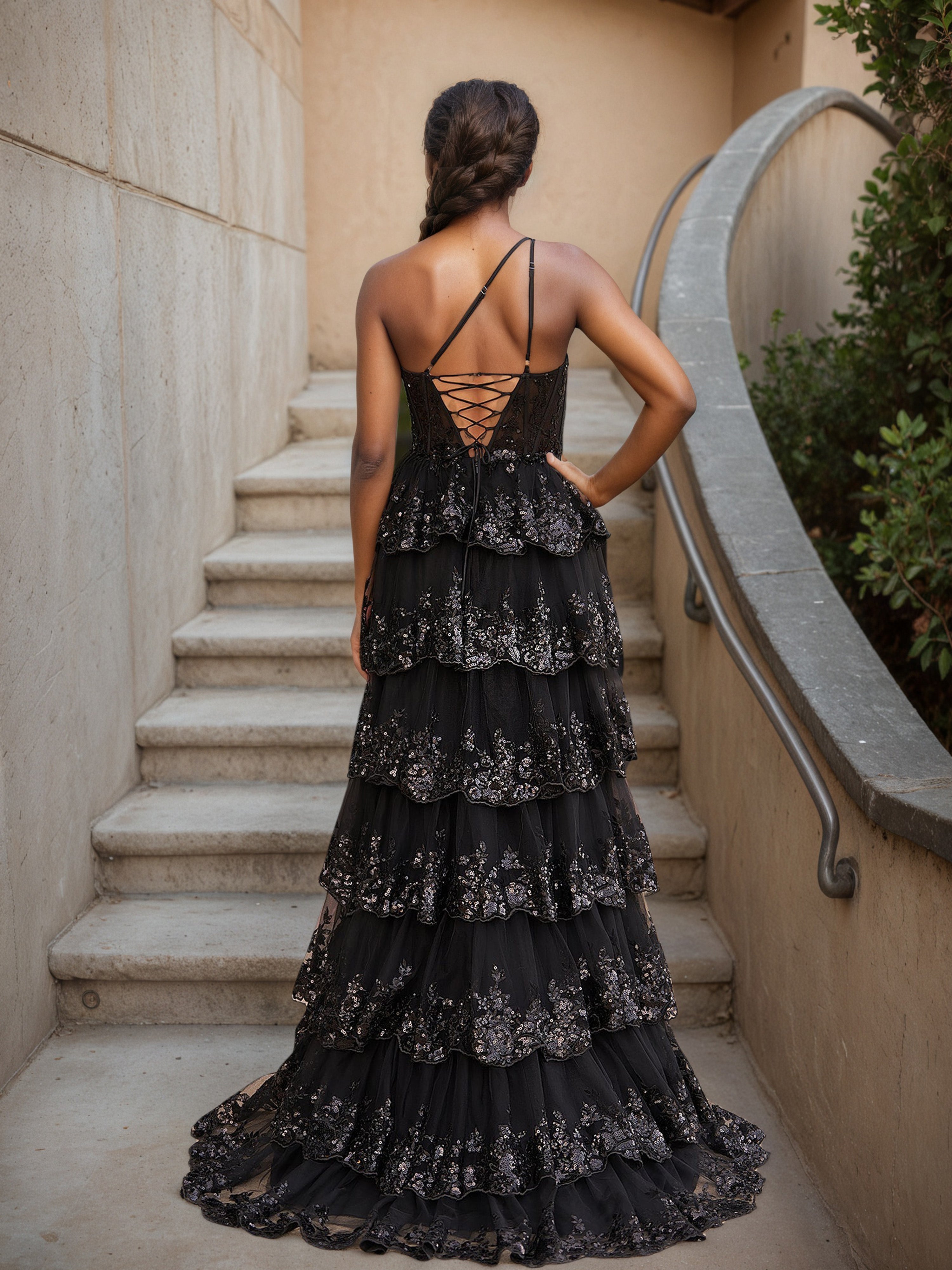 Robe de Soirée Noir Seule épaule Fendue Trapèze en Dentelle