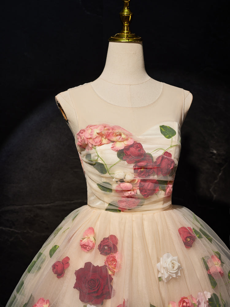 Robe de bal Florale en Tulle Longueur Genou sans Manche