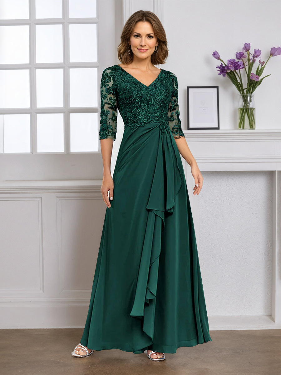 Cicinia Robe pour Mère de la Mariée VERT FONCE Longue A-Line en Mousseline Dentelle Décolleté en V Longueur Sol