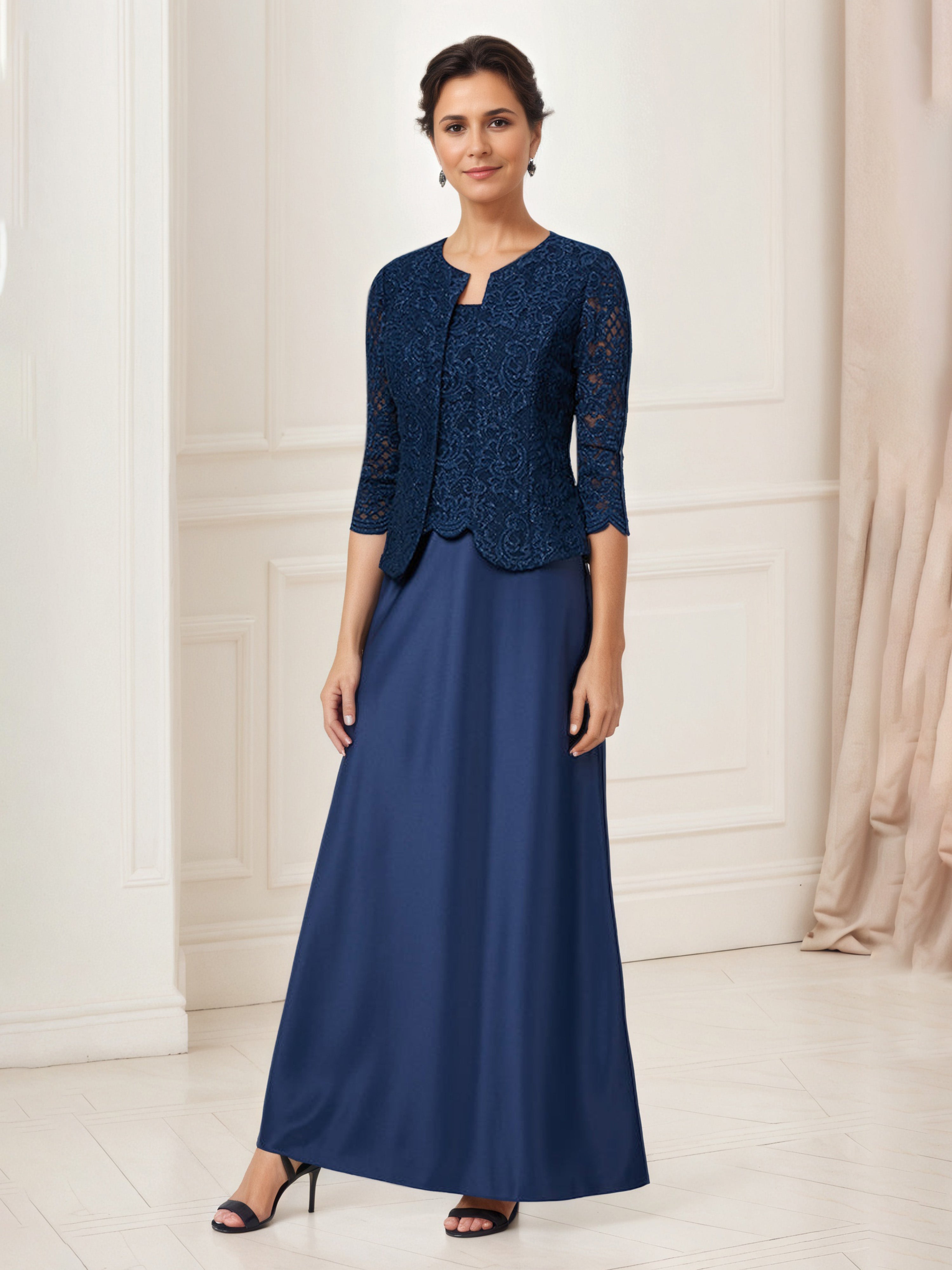 Tenue Mère De la Mariée Très Chic BLEU_MARINE Col Rond Robe Ensemble Manches 3/4 Avec Veste en Dentelle