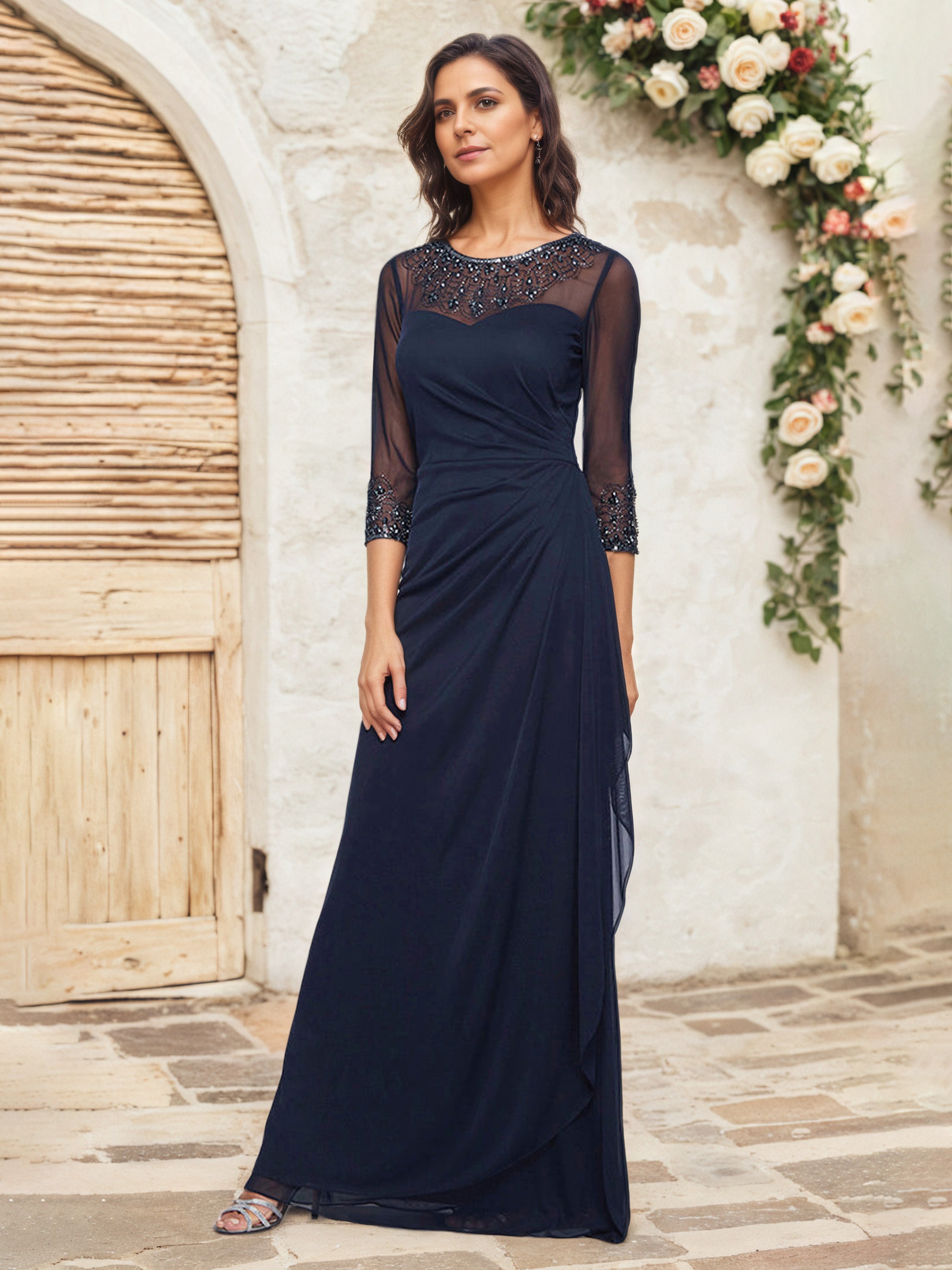 Robe Cérémonie Mariage Mère Du Marié BLEU MARINE Fourreau/Colonne Col Rond Manches 3/4