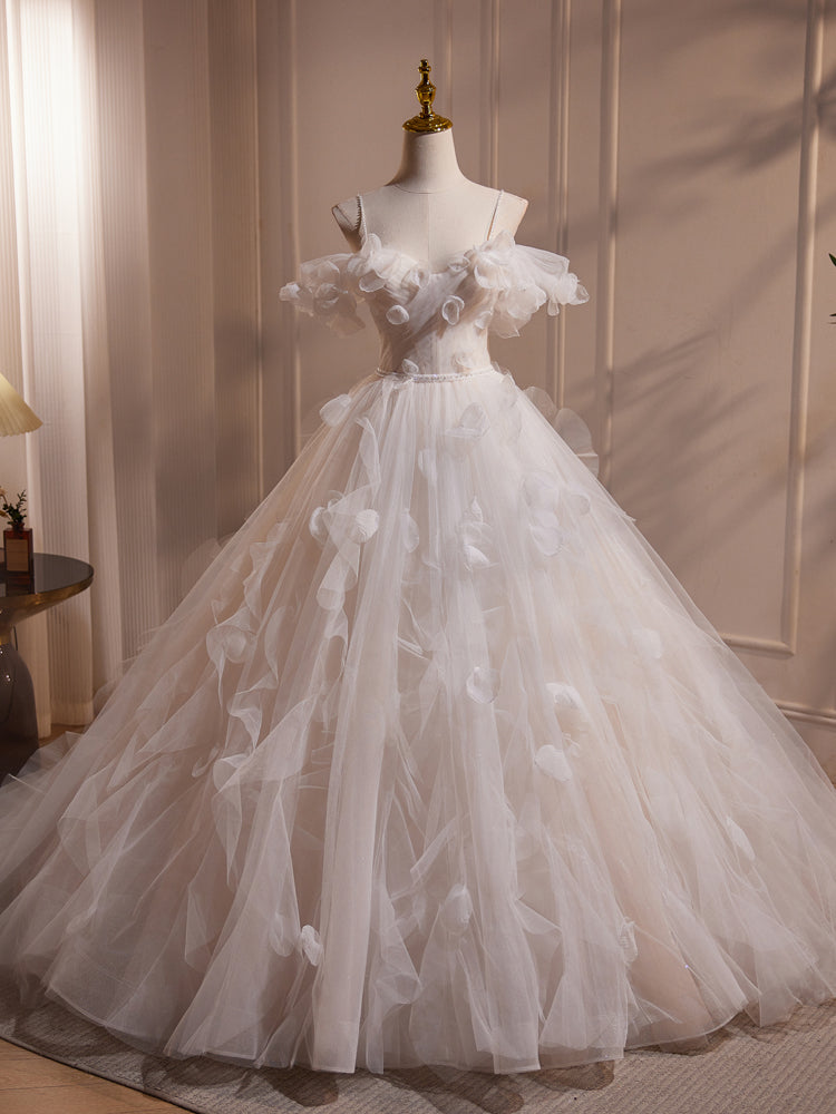 Robe de mariée Fleurs Épaules Dénudées en Tulle avec Balayage et Perles