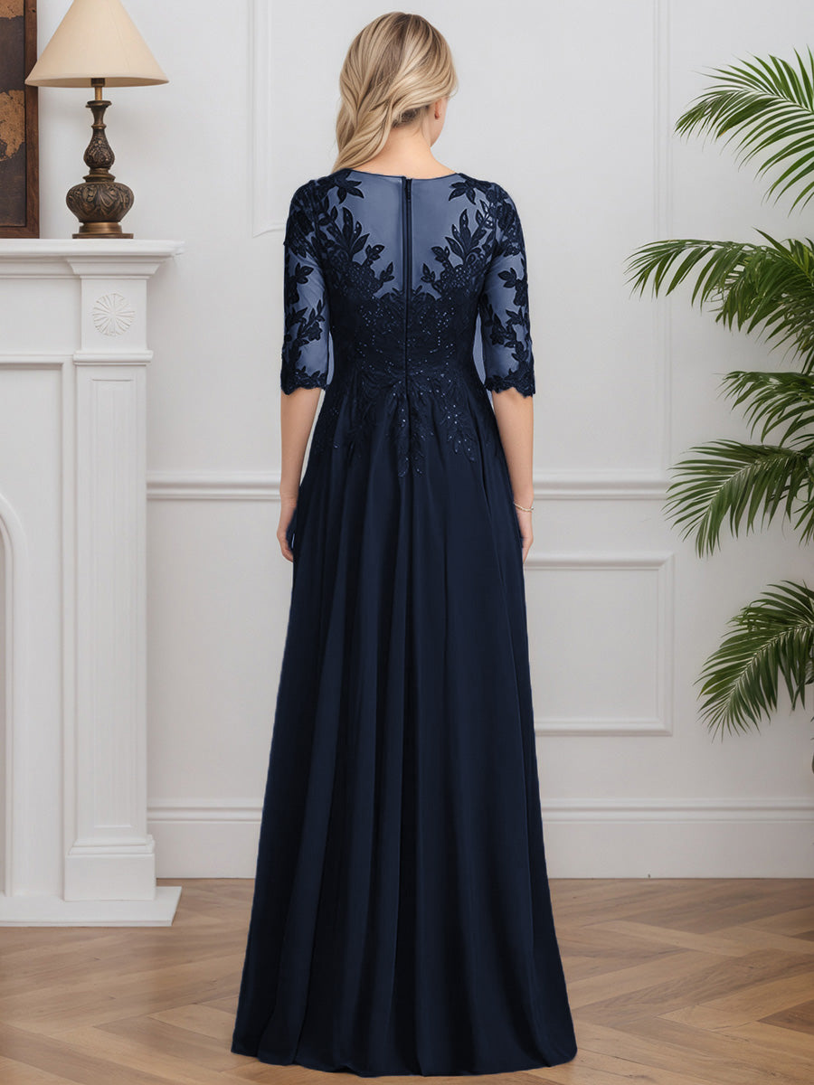 Cicinia Bleu Marine Robe pour Mère de la Mariée Longue en Mousseline et Dentelle A-Line Décolleté en V Manches Demi-longues