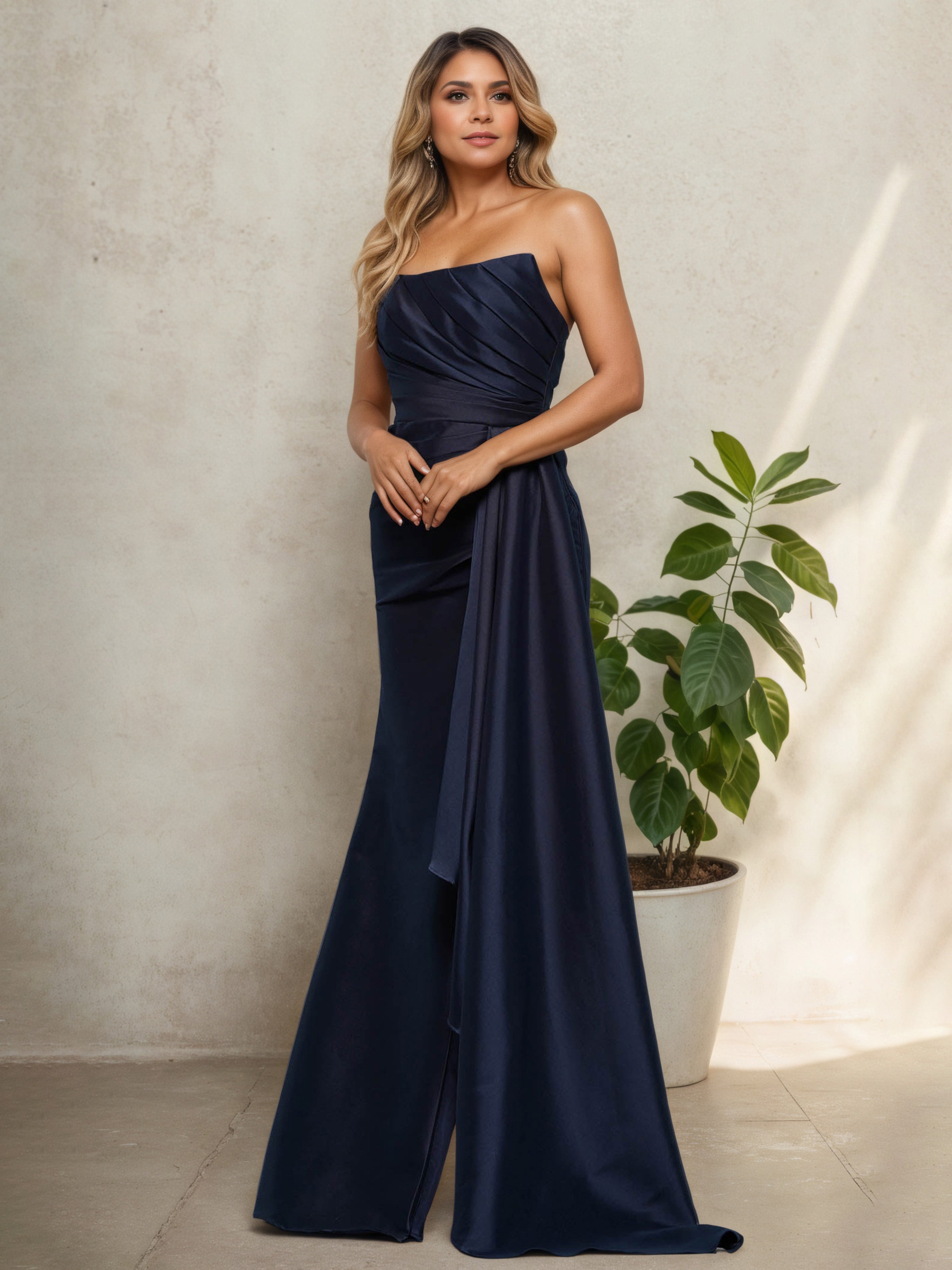 Robe Mère de la Mariée BLEU_MARINE Sans Bretelles Silhouette Sirène à Plissés Sophistiqués