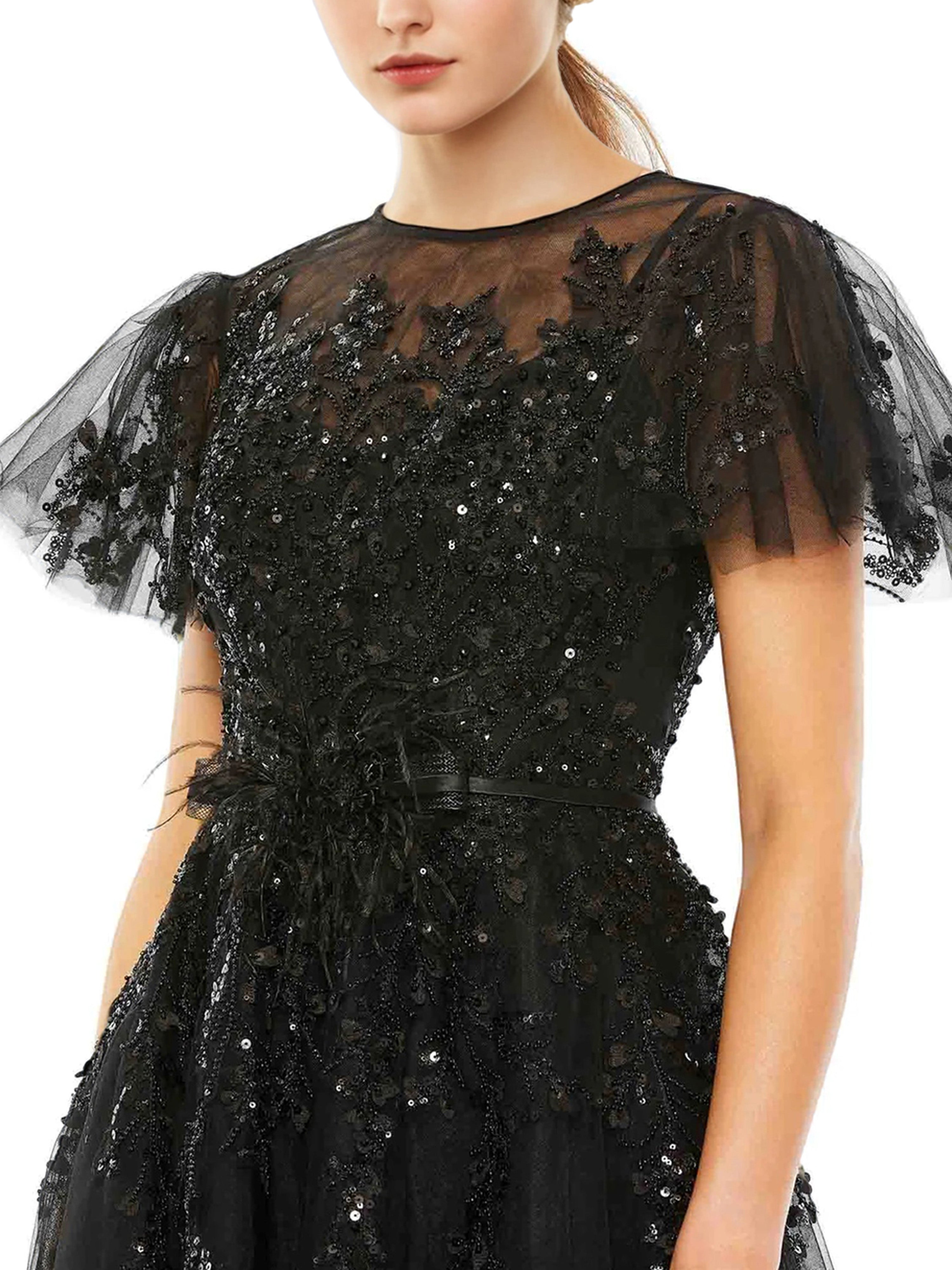 Col Rond Robe de Soirée Noir Mancherons Detelle et Tulle