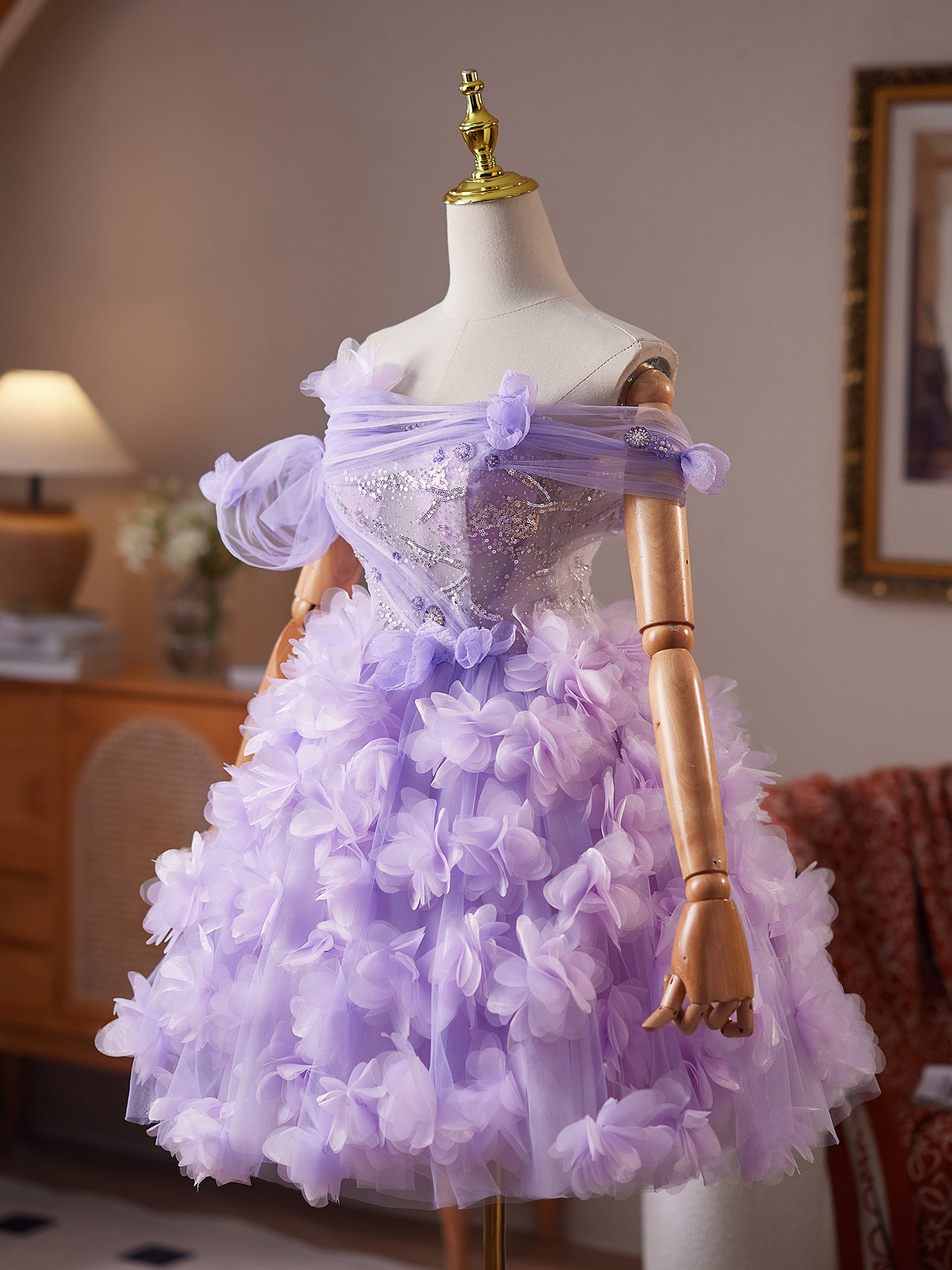 Robe de Bal Lilas Magnifique en Tulle Appliqués Fleurs et Paillettes Coupe A pour Homecoming