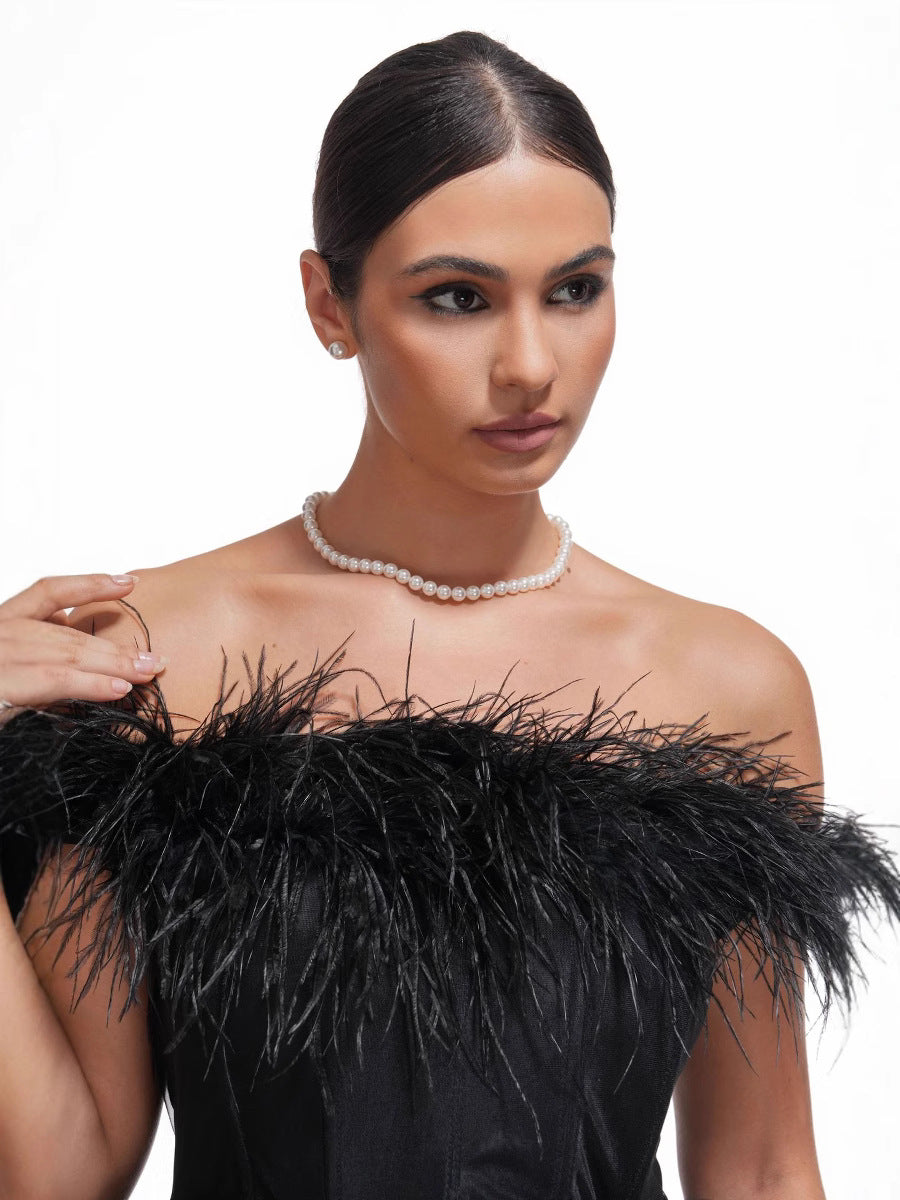 Robe Longue Trapèze Épaule Dénudée Sans Manches Robe de Soirée en Noir