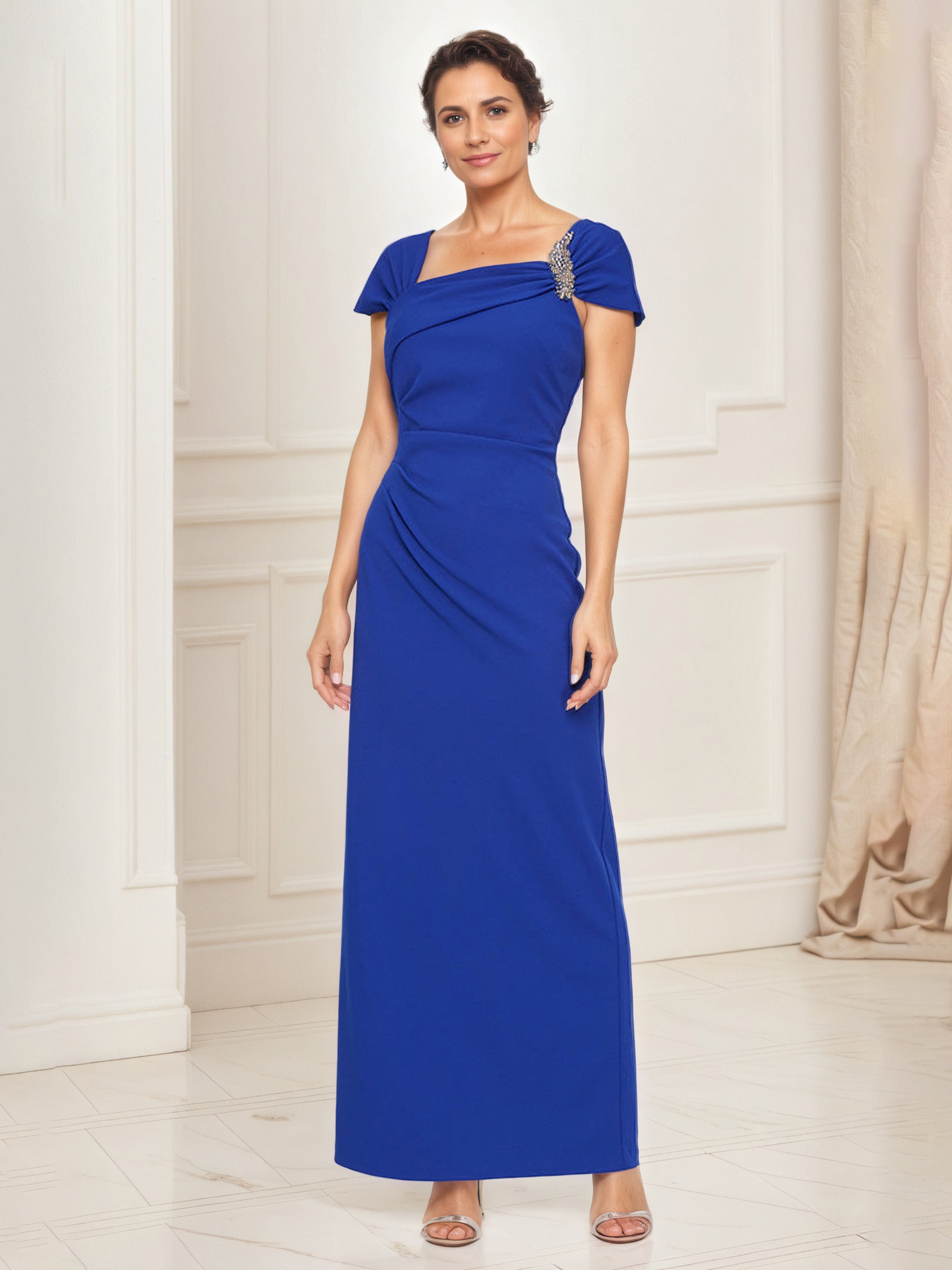 Robe Mère de la Mariée BLEU_ROYALE Robe Longue Fourreau/Colonne Col Carré Manches Courtes