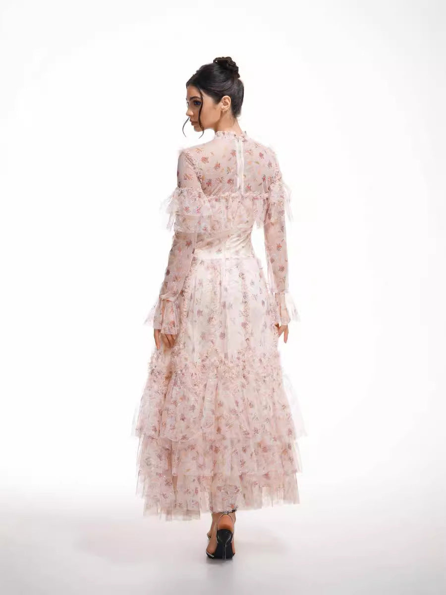 Robe Longue Trapèze Col Rond Manches Longues Robe de Soirée en Abricot