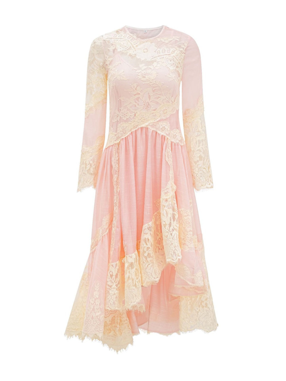 Robe Asymétrique Dentelle Col Rond Manches Longues Robe de Soirée en Rose