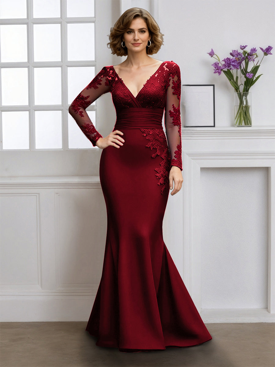 Cicinia Robe pour Mère de la Mariée BORDEAUX Longue en Tissu Extensible Sirène Décolleté en V