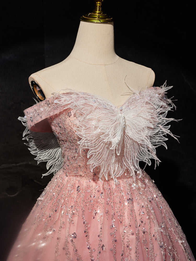 Robe de bal Rose à Épaules Dénudées Tulle Longueur Genou