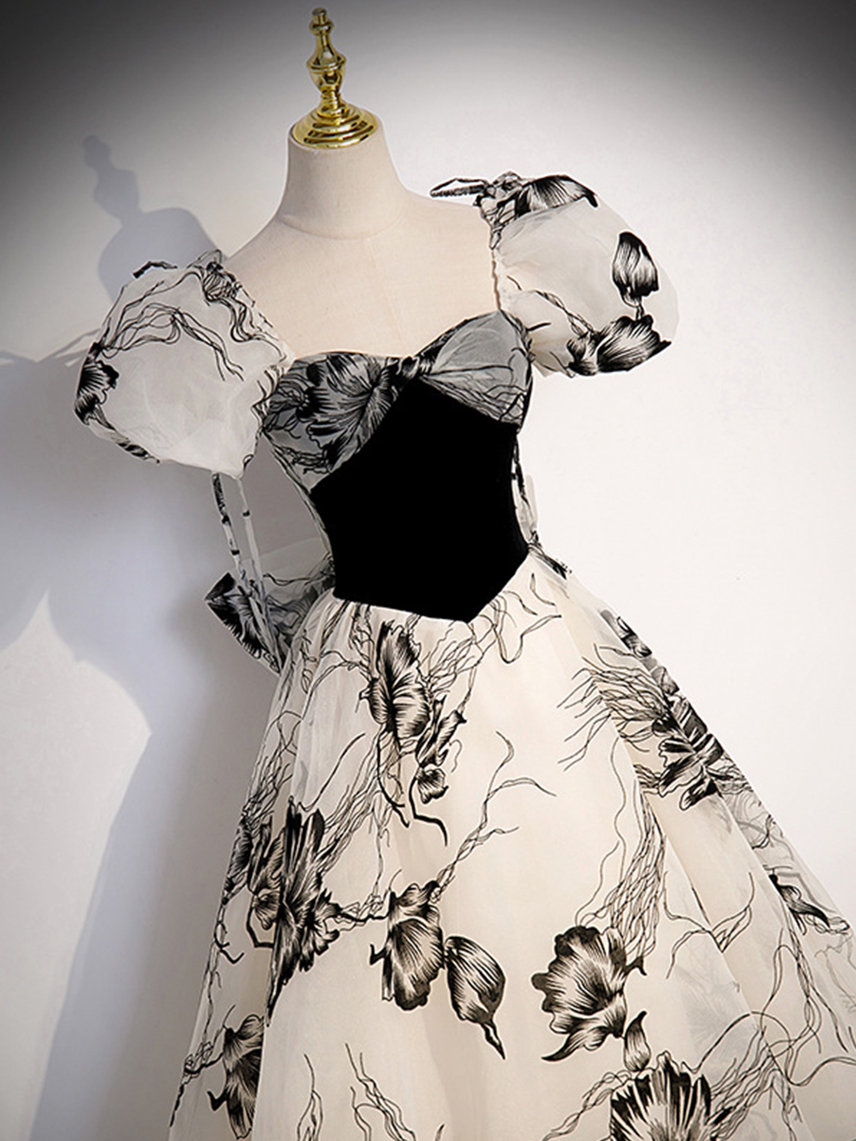 2 Pièces Trapèzes Col Cœur Manches Bouffantes Longueur Ras de la Cheville Robe de Demoiselle d'Honneur en NOIR