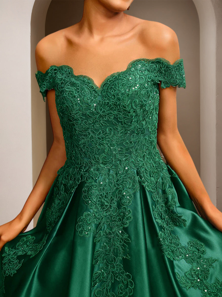 Cicinia Vert Foncé Robe de Soirée Longue en Satin Appliqués Dentelle A-Line Épaules Dénudées Longueur Sol