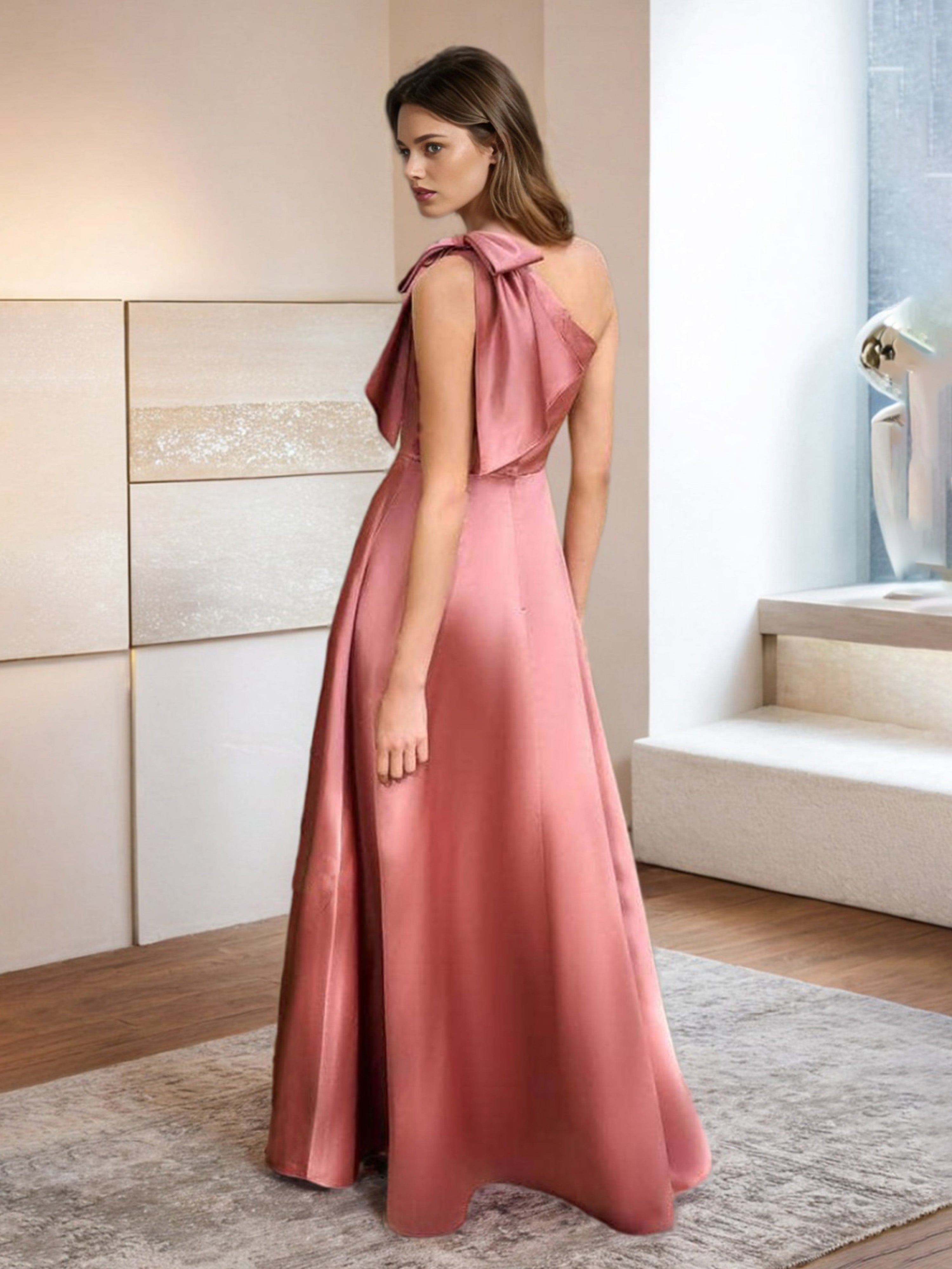 Robe de Soirée Pastèque Trapèze Seule épaule Sans Manches Satin Doux Robe de Soirée