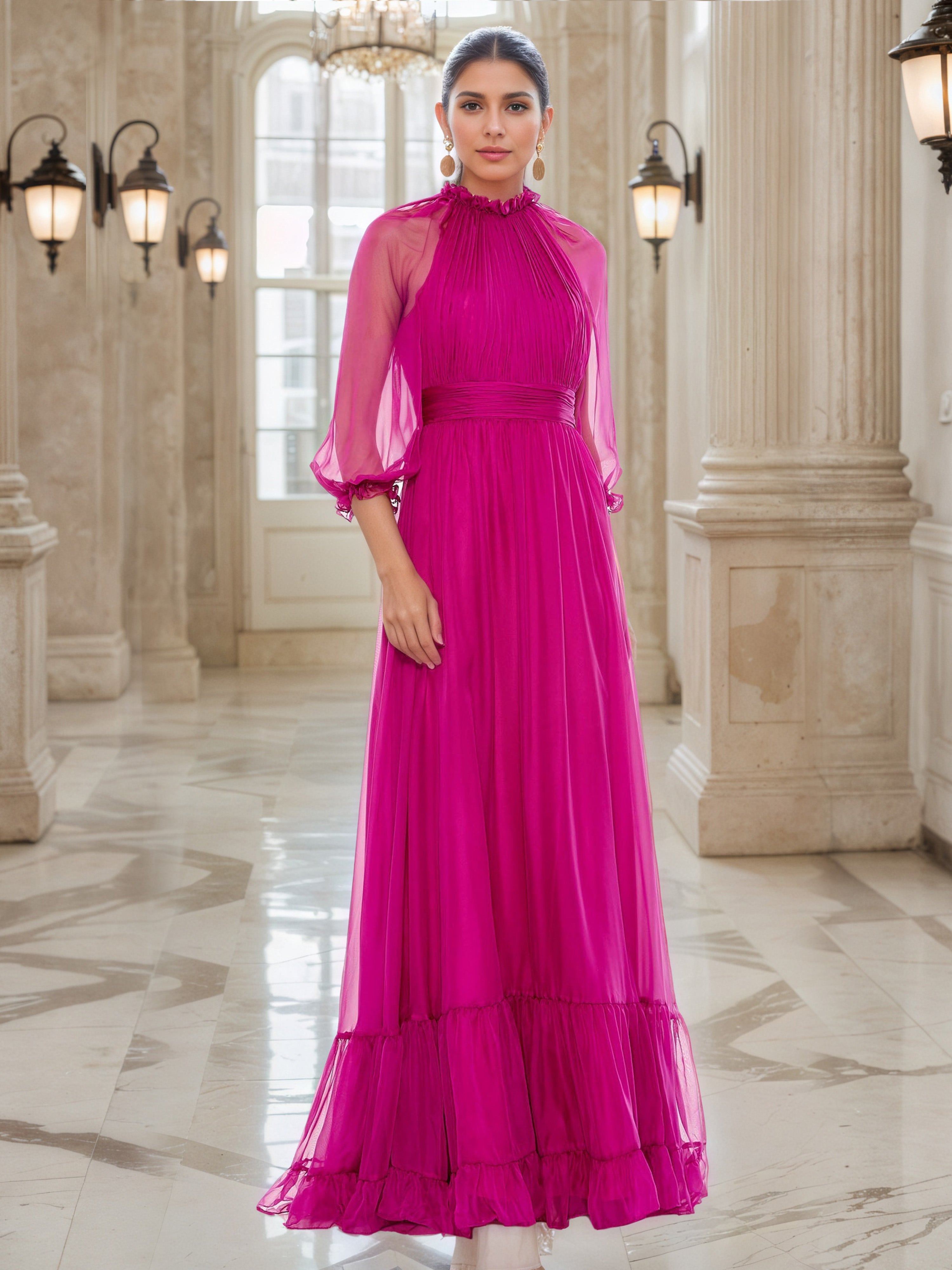 Elégante Robe de Soirée Fuchsia Col Rond Mousseline Trapèze à Manches Transparentes