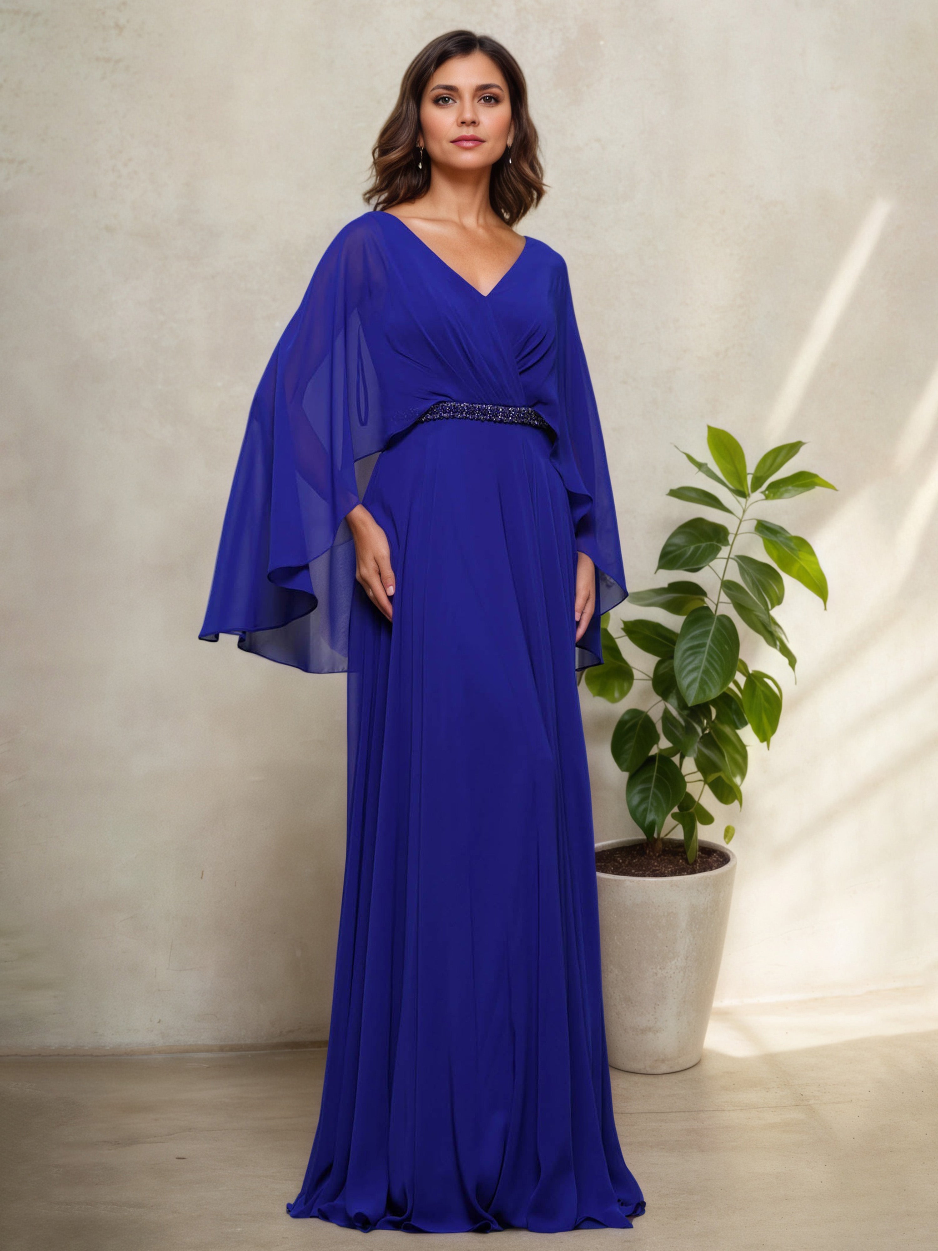 Robe Mère de la Mariée BLEU_ROYALE Longue Silhouette A-Line à Décolleté en V avec Châle