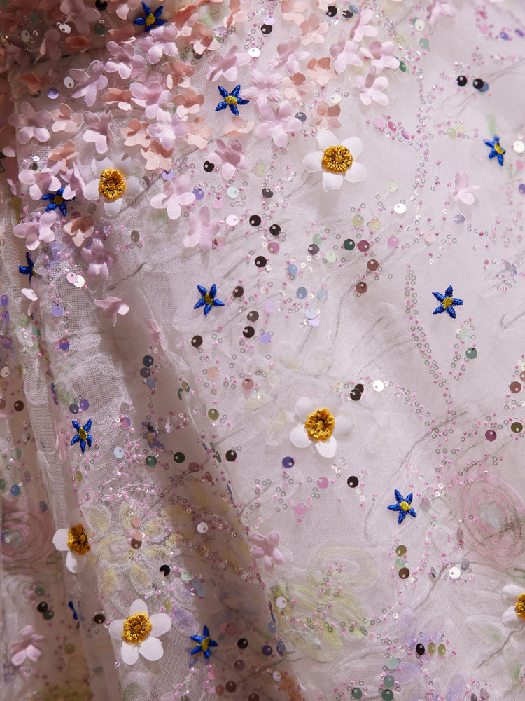 Robe de bal en Tulle Col Cœur sans Manches avec Fleurs et Paillettes