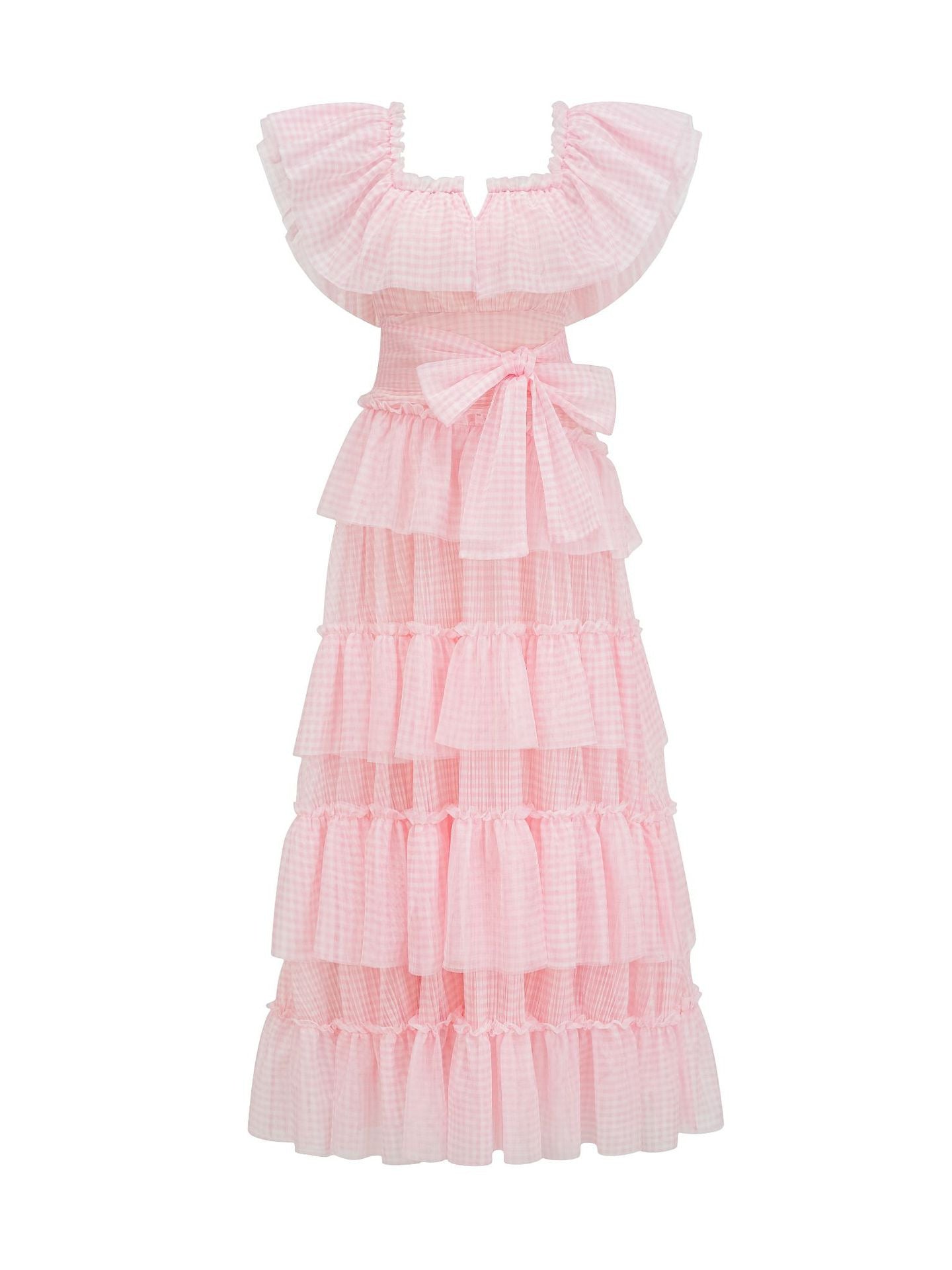 Robe Trapèze Col Carré à Volants Manches Courtes Robe de Soirée en Rose