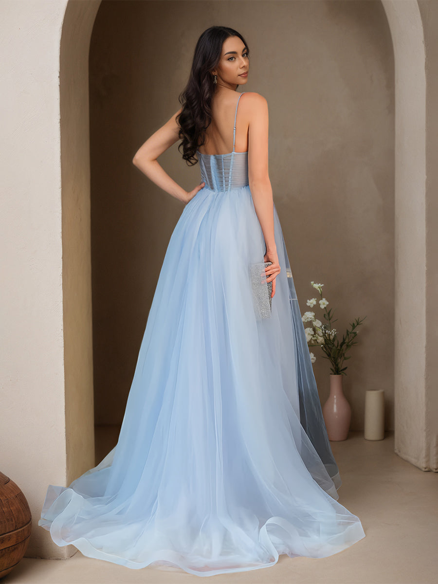 Cicinia Bleu Ciel Robe de Soirée Longue en Tulle A-Line Bretelles Spaghetti Style Féerique