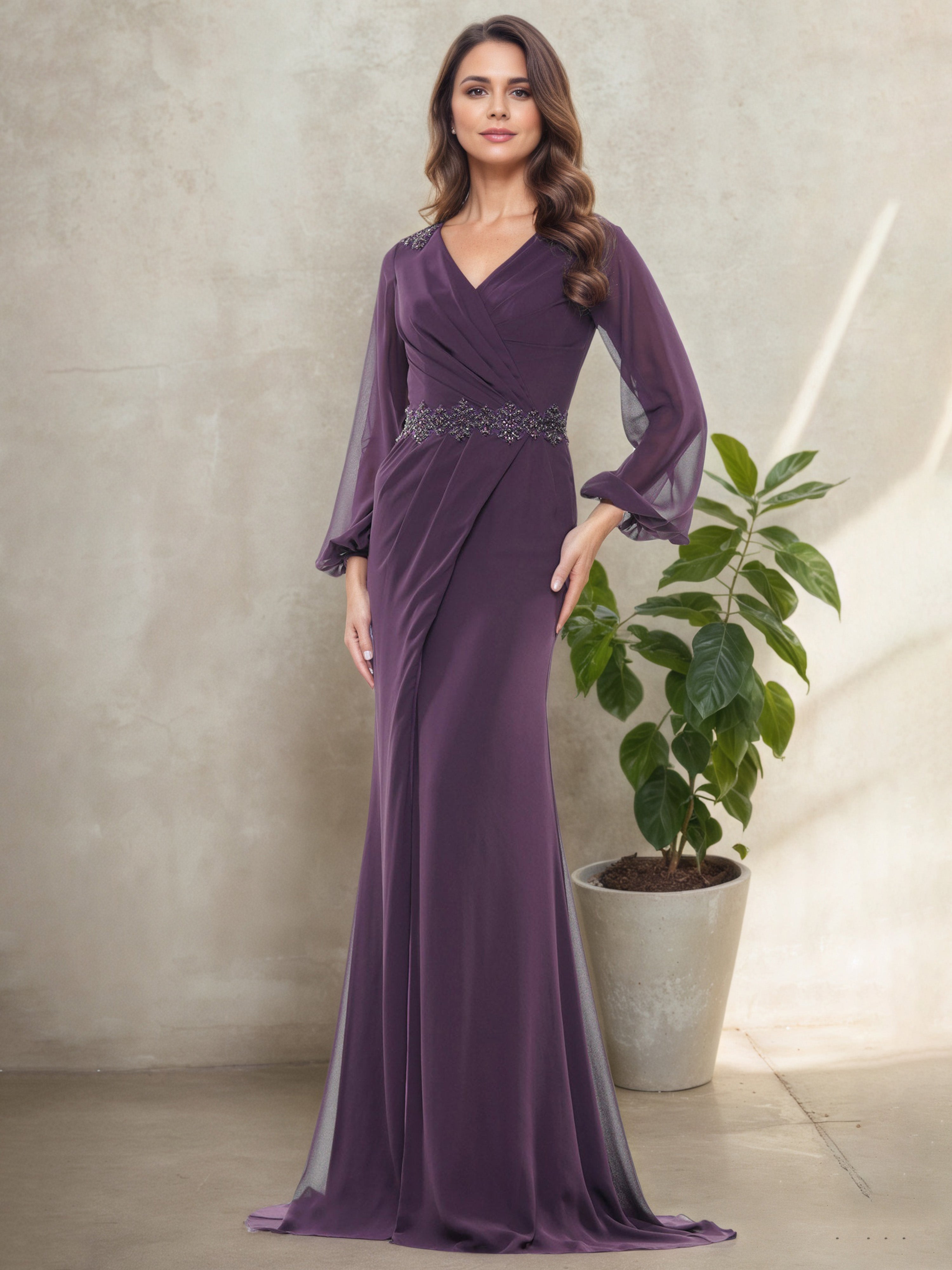 Robe Mère de la Mariée Aubergine à Décolleté en V Manches Lantern avec Plissés et Broderies de Perles