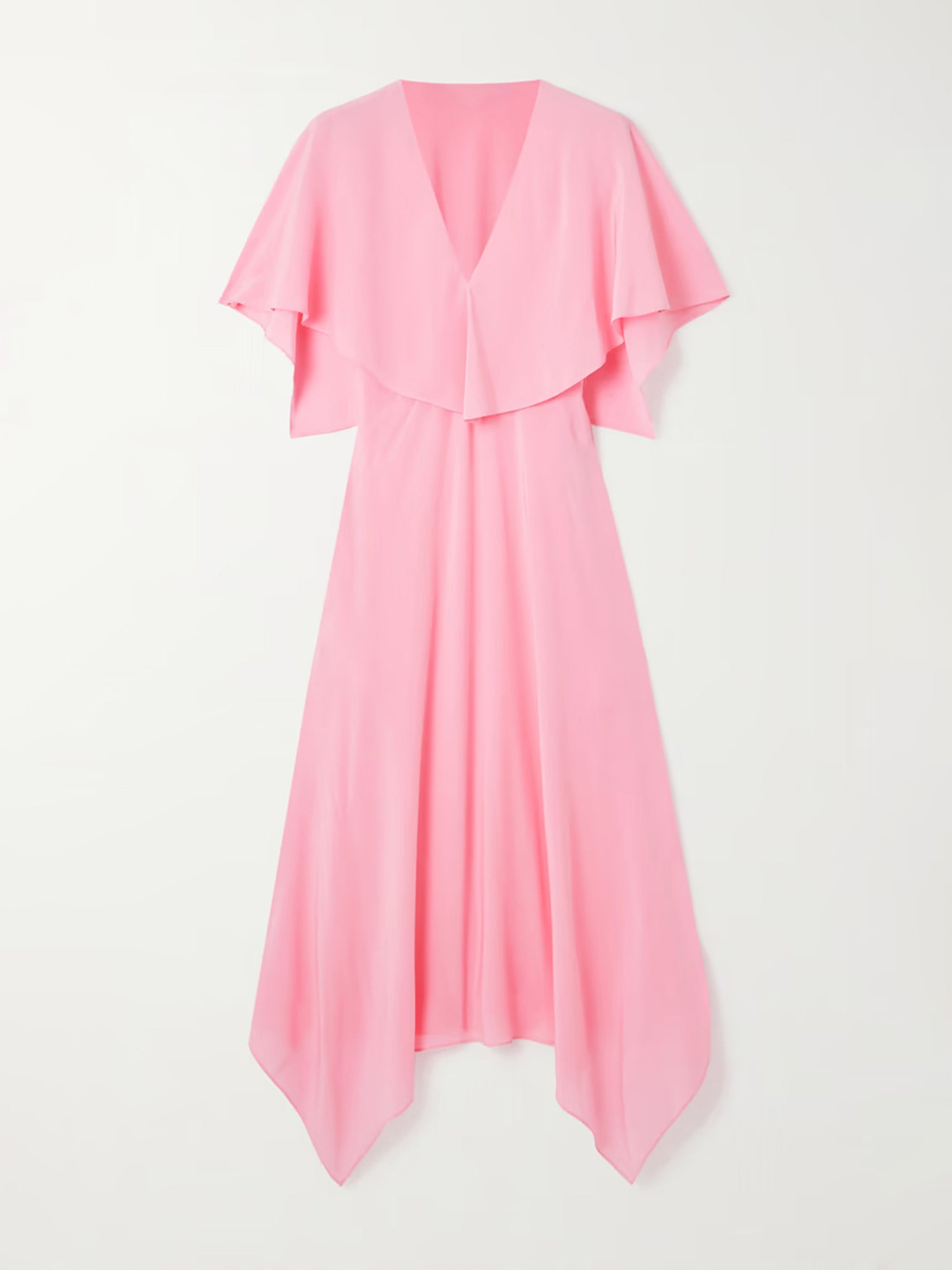 Robe de Soirée Rose Bonbon Col V Mi longue Trapèze Mousseline avec Manches Cape