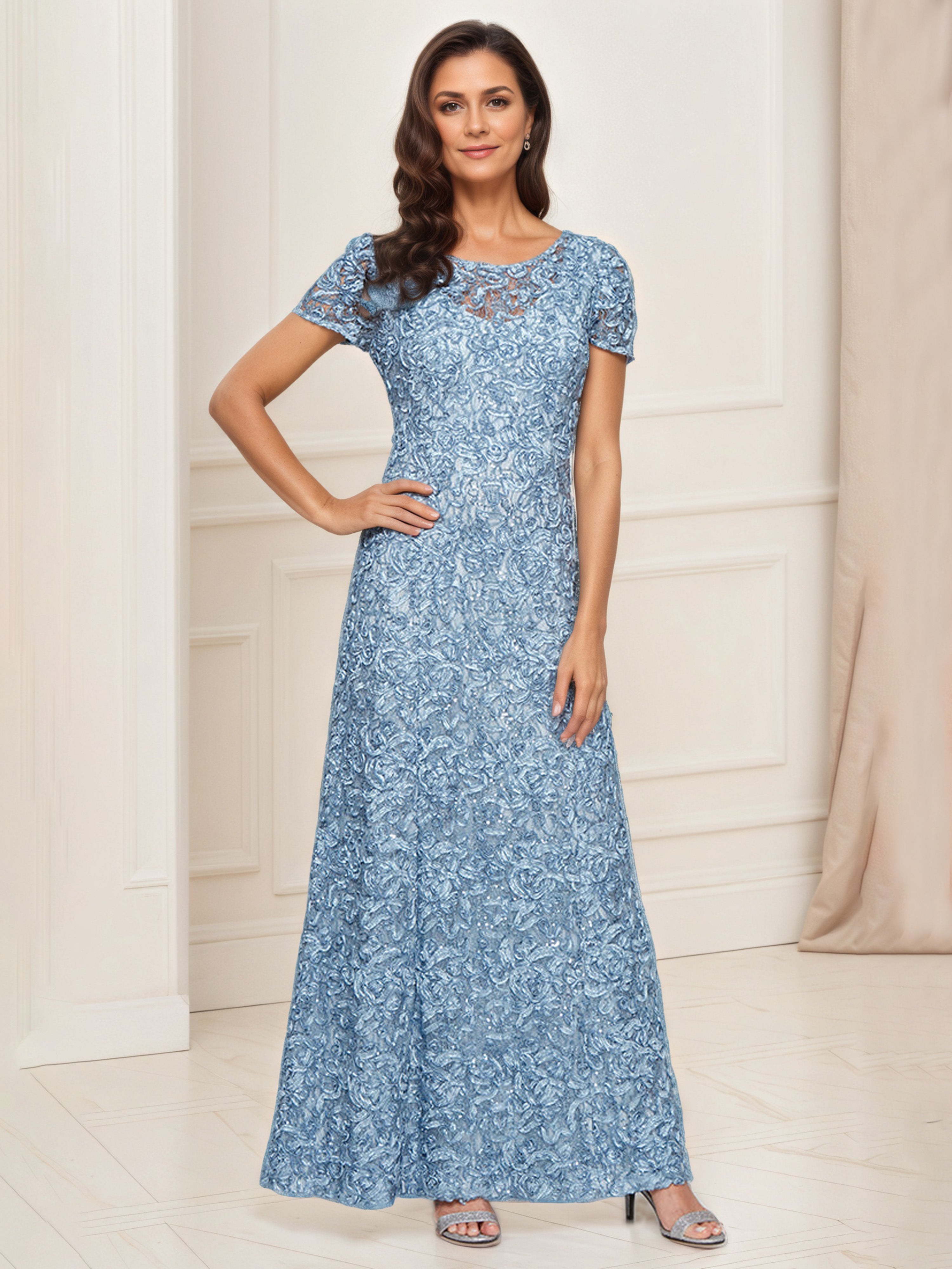 Robe Mere dela Mariee BLEU Col Rond Robe à Paillettes et Dentelle Manches Courtes