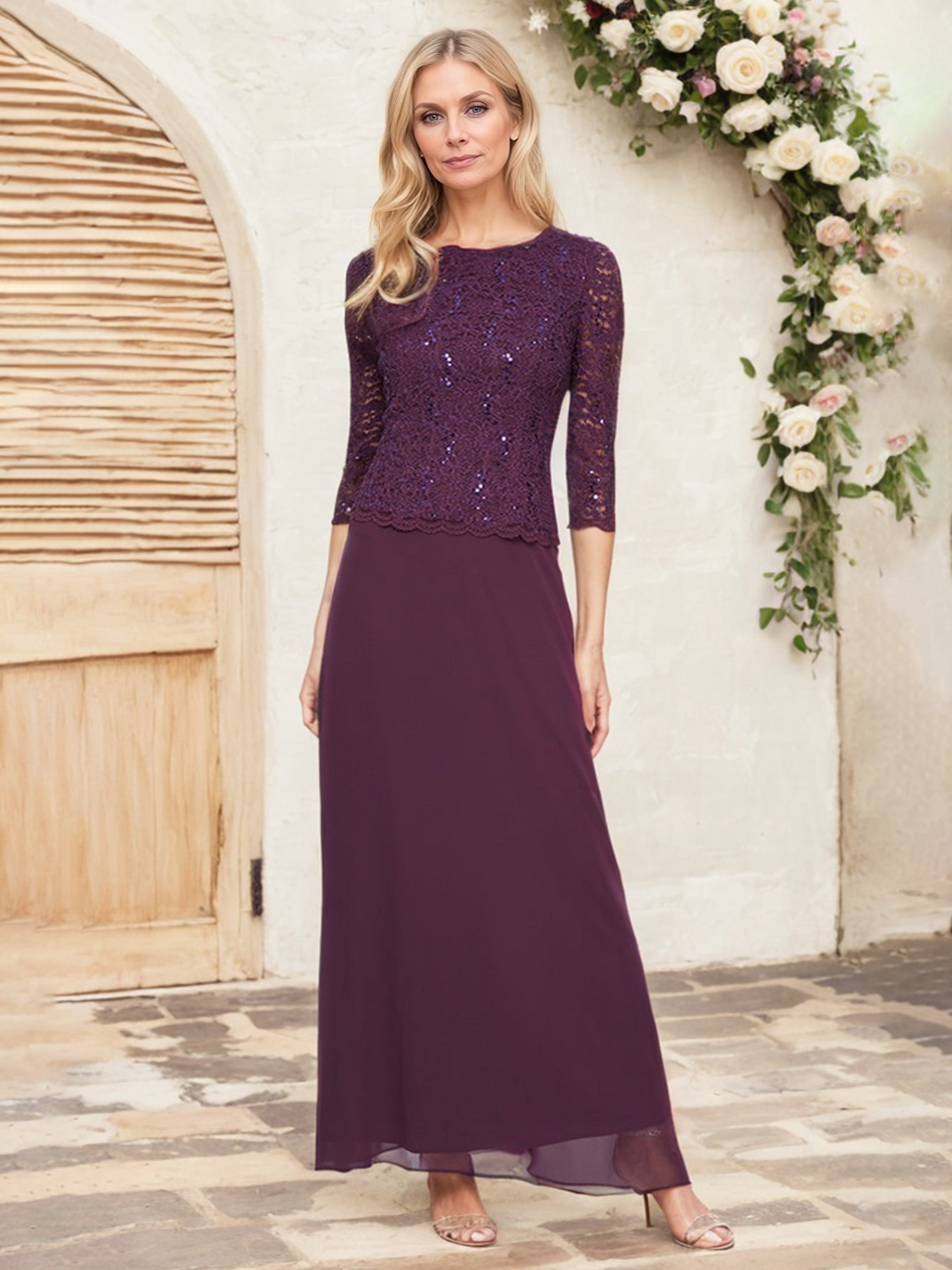 Robe Cérémonie Mariage Mère Du Marié CABERNET Manches 3/4 Dentelle et Mousseline Robe Mère de la Mariée