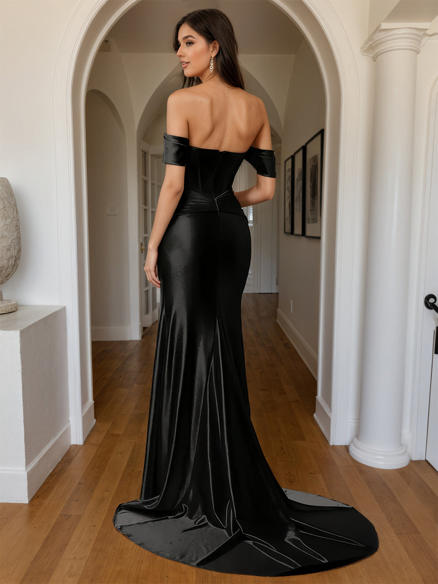 Cicinia Robe de Soirée Noir Longue Fourreau en Satin Doux Fente Épaules Dénudées avec Traîne Balayée