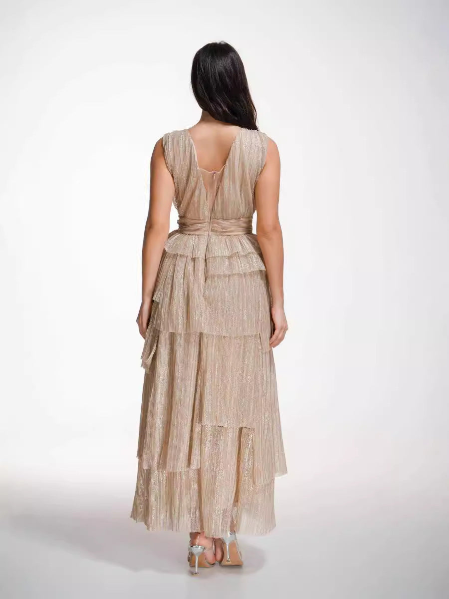 Robe Longue en Tulle Trapèze Col V Sans Manches Robe de Soirée en Or