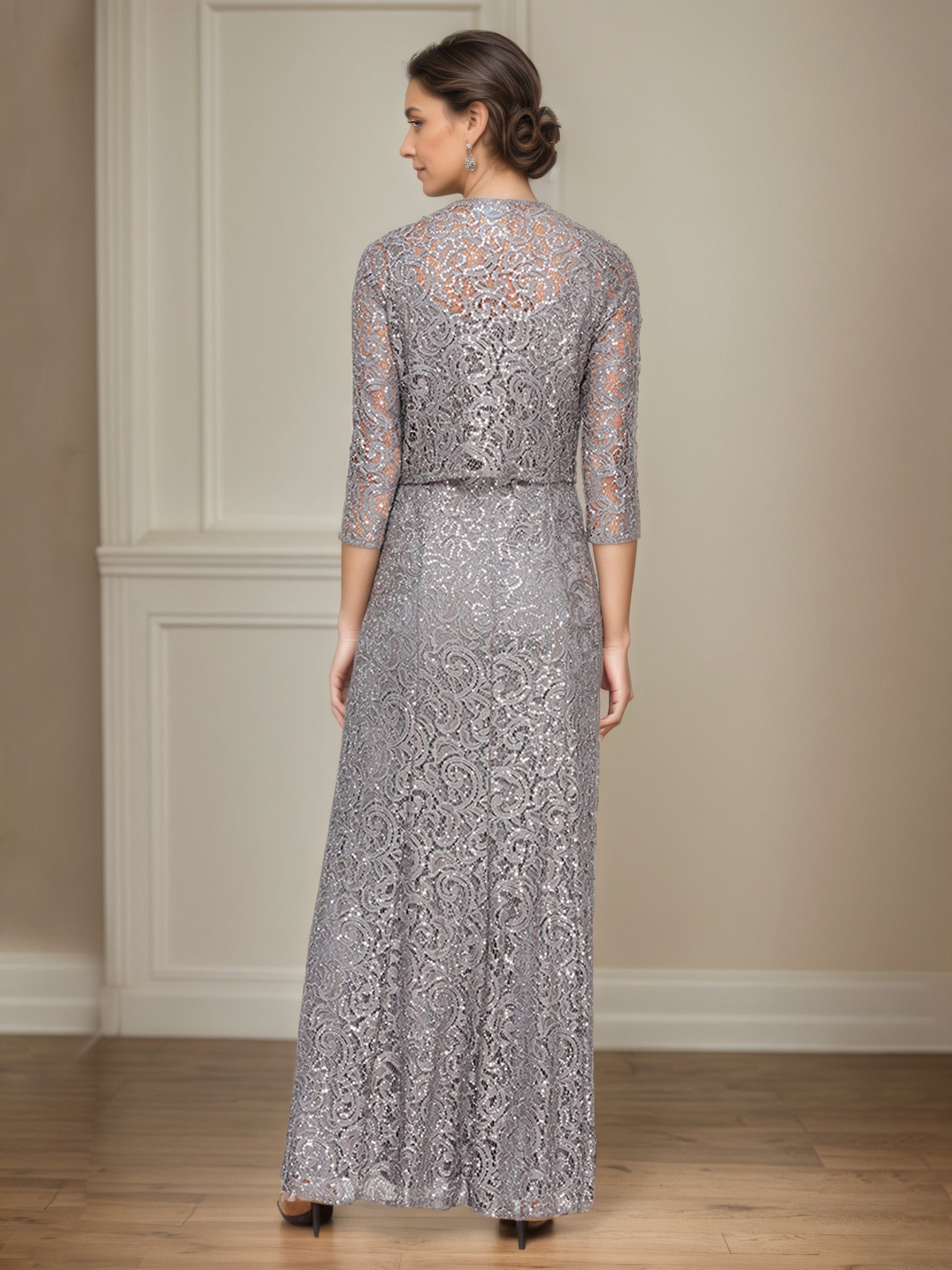 Robe Mère de la Mariée GRIS_ACIER Robe Trapèze en Dentelle à Paillettes Avec Veste Illusion à Manches 3/4