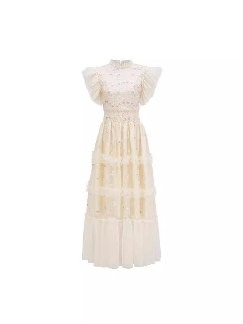 Robe Trapèze Col Roulé Mi-Haut Manches Courtes Robe de Soirée