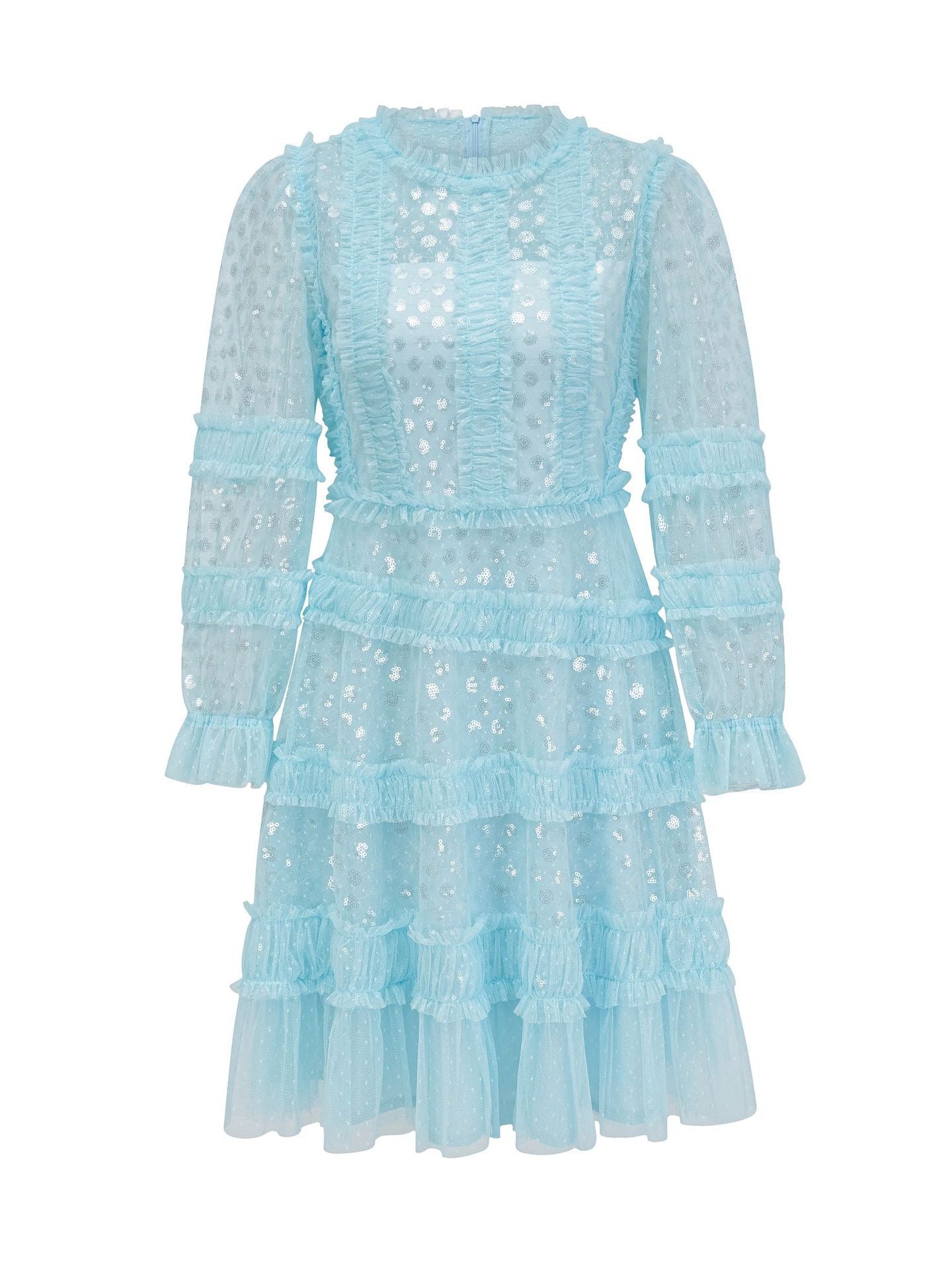 Robe Courte Trapèze Paillettes Col Rond Manches Longues Robe de Soirée en Bleu Ciel