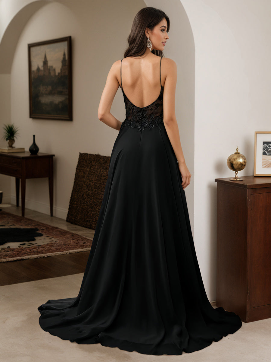 Cicinia Robe de Soirée Noir Longue A-Line en Mousseline à Bretelles Spaghetti Dos Nud