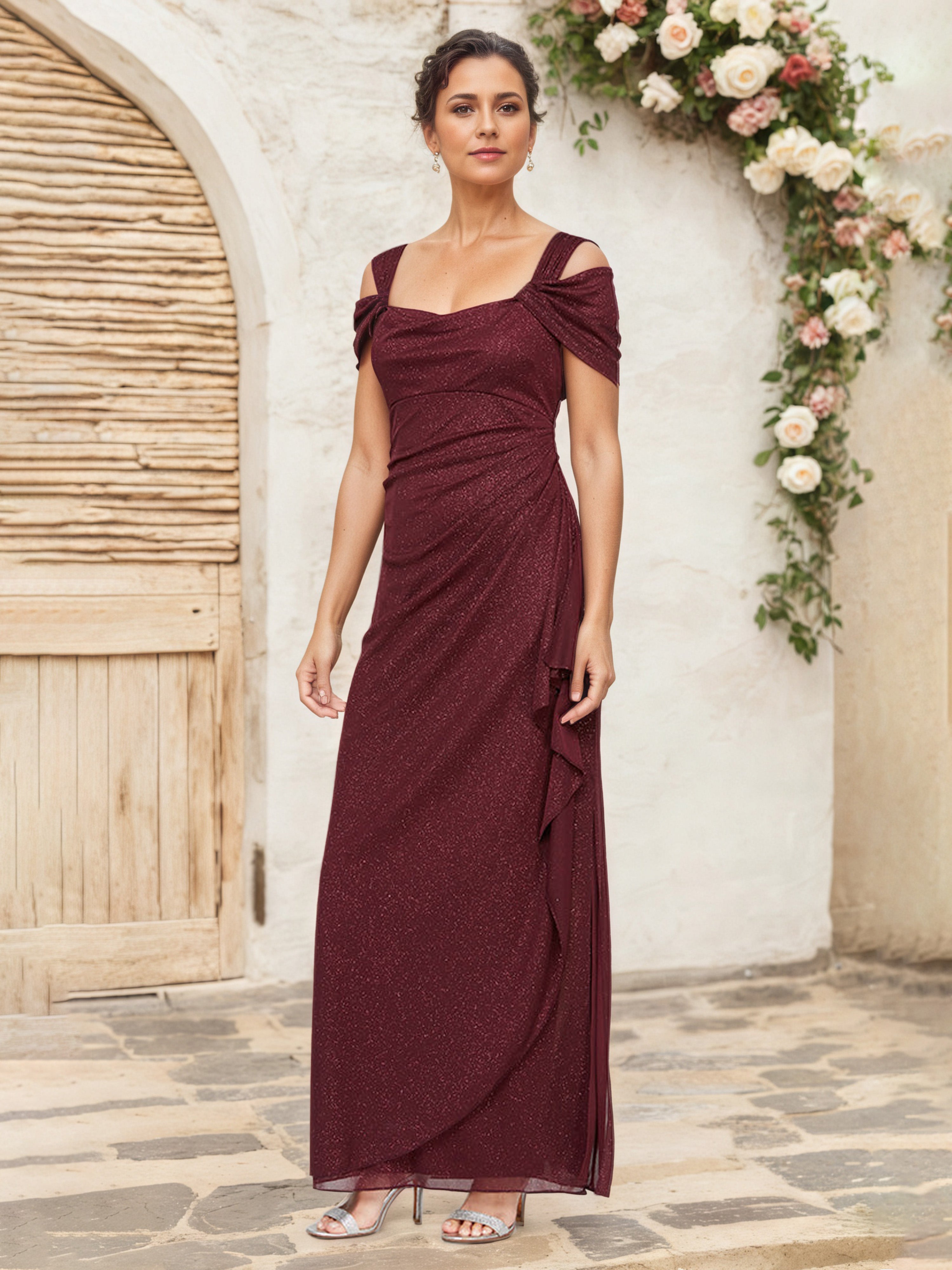 Robe Mere Dela Mariee CABERNET Fourreau/Colonne Épaule Dénudée Robe Pilssée