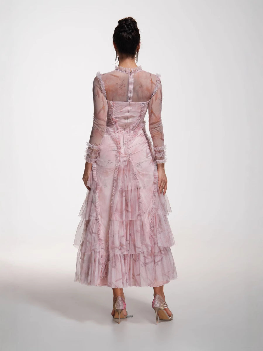 Robe Longue Sirène Col Roulé Mi-Haut à Volants Manches Longues Robe de Soirée