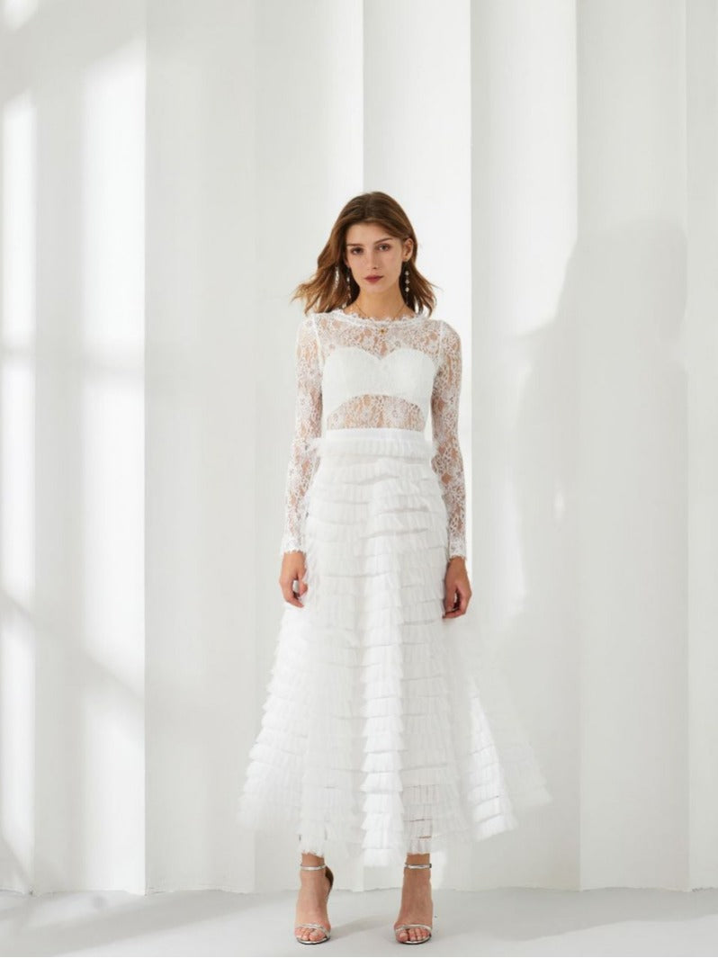 Robe Dentelle Trapèze Col Rond Manches Longues Robe de Soirée en Blanc