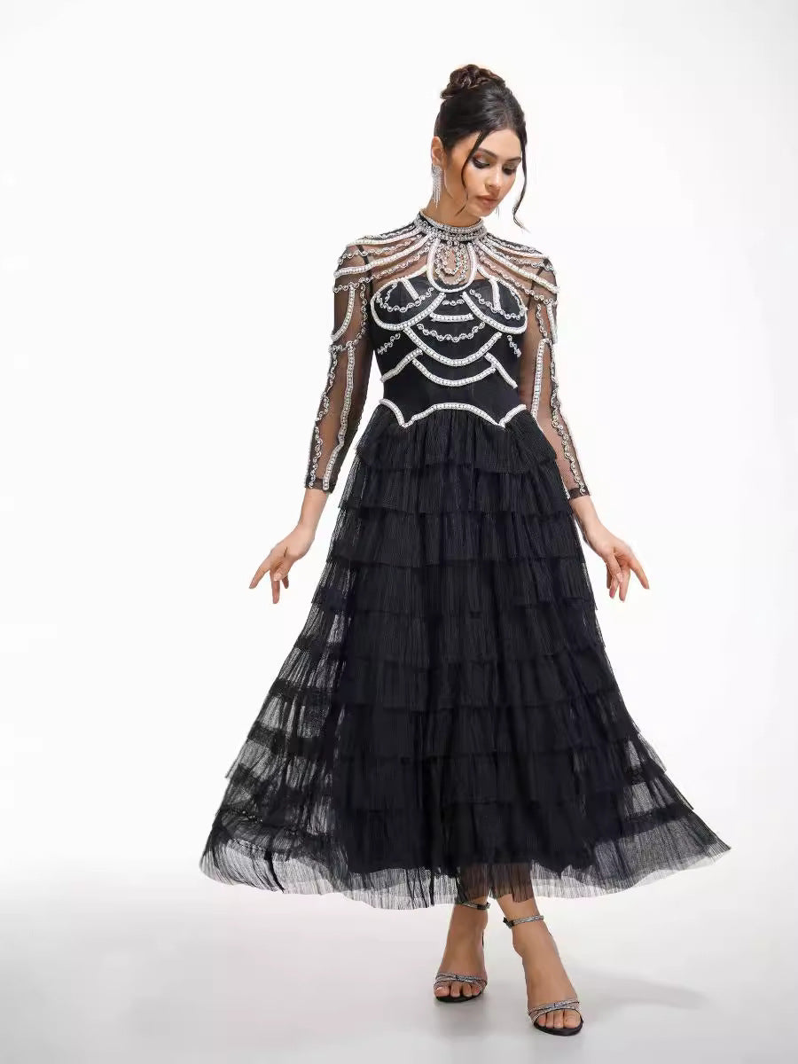 Robe Longue Trapèze Col Montant Manches Longues Robe de Soirée en Noir