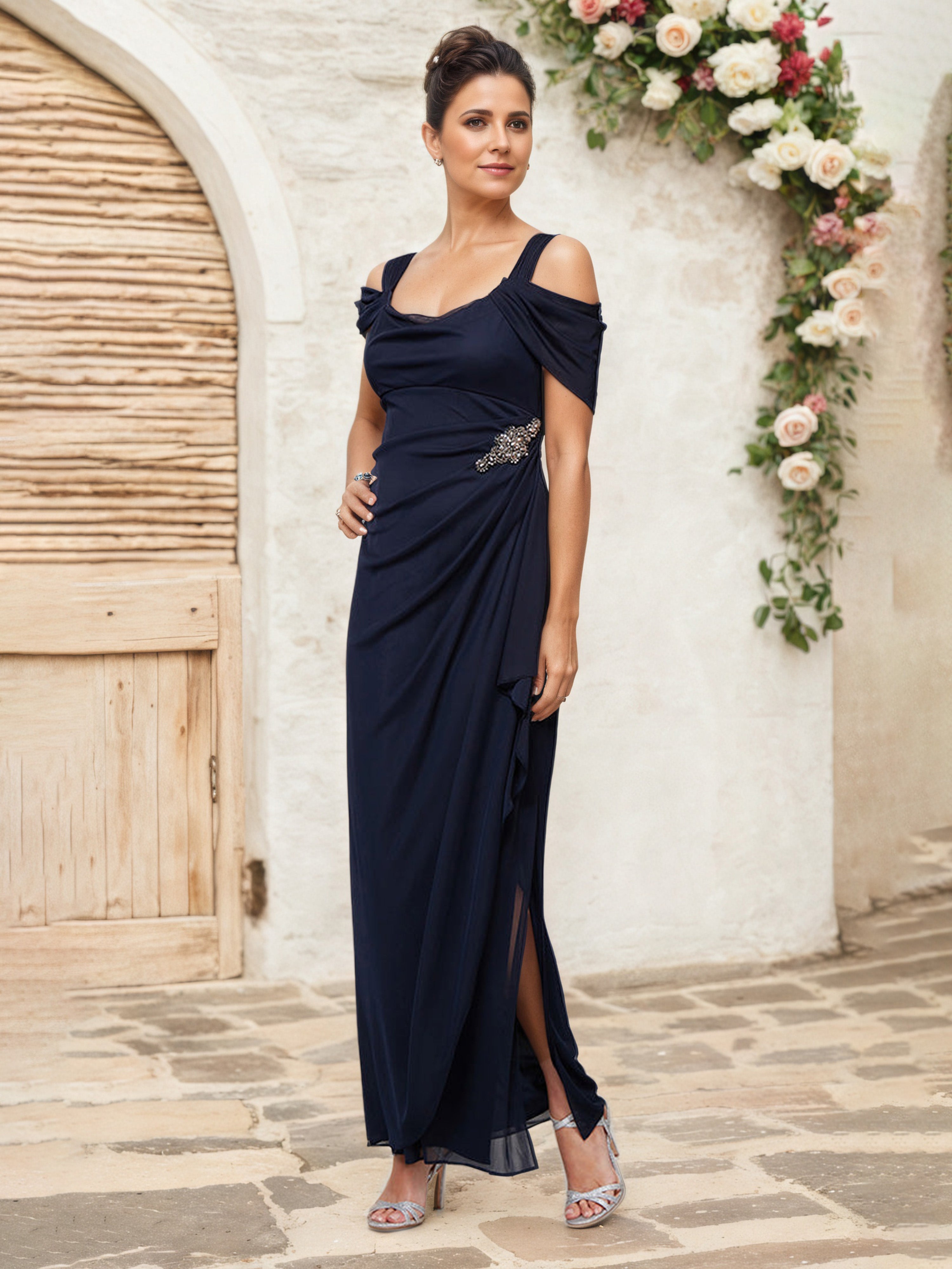 Robe Cérémonie Mariage Mère Du Marié BLEU MARINE Fourreau/Colonne Col Carré Sans Manches Robe Plissée