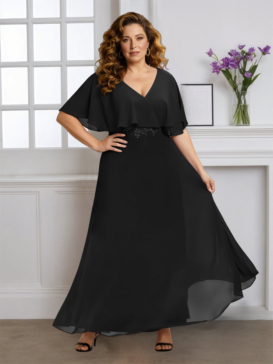 Cicinia Robe pour Mère de la Mariée Noir Grande Taille Longue A-Line en Mousseline Décolleté en V Manches Papillons