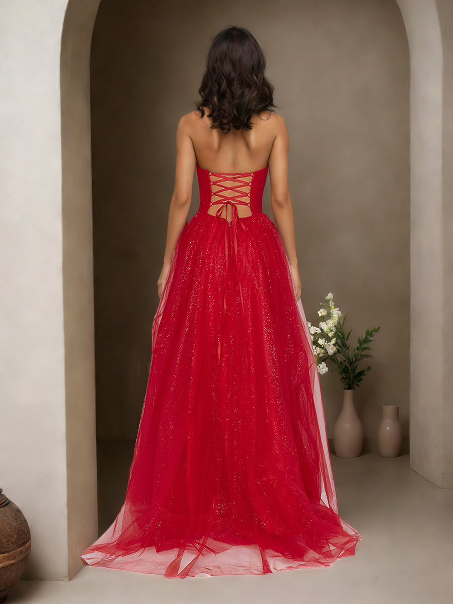 Cicinia Rouge Robe de Soirée Longue en Tulle A-Line sans Bretelles Traîne Balayée