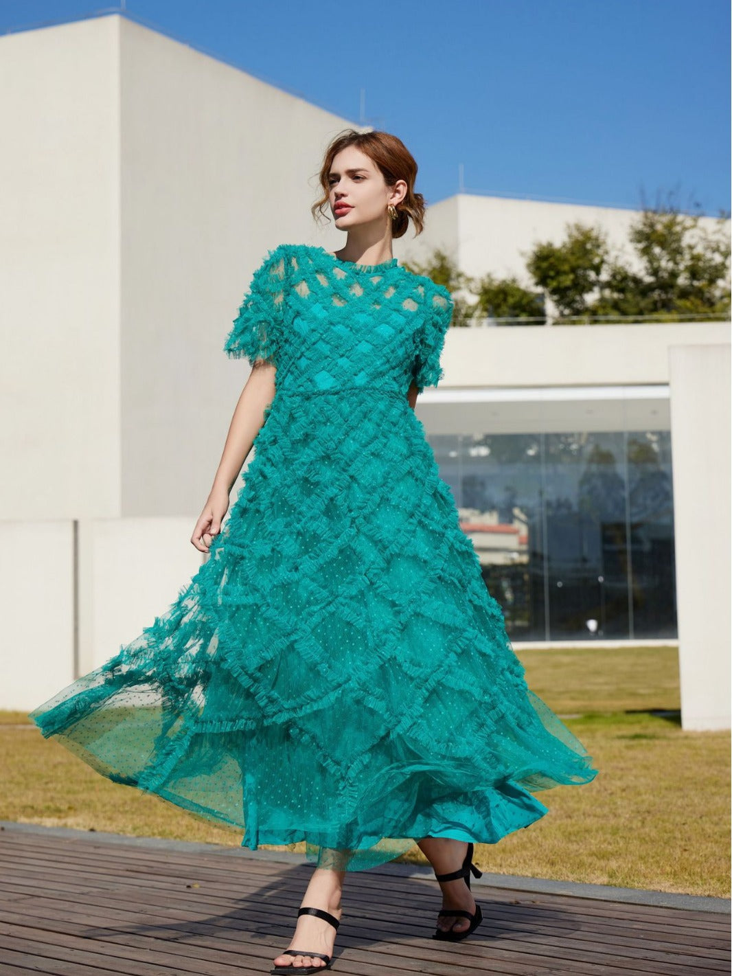 Robe Brodée Trapèze Col Rond Manches Courtes Robe de Soirée en Vert Foncé